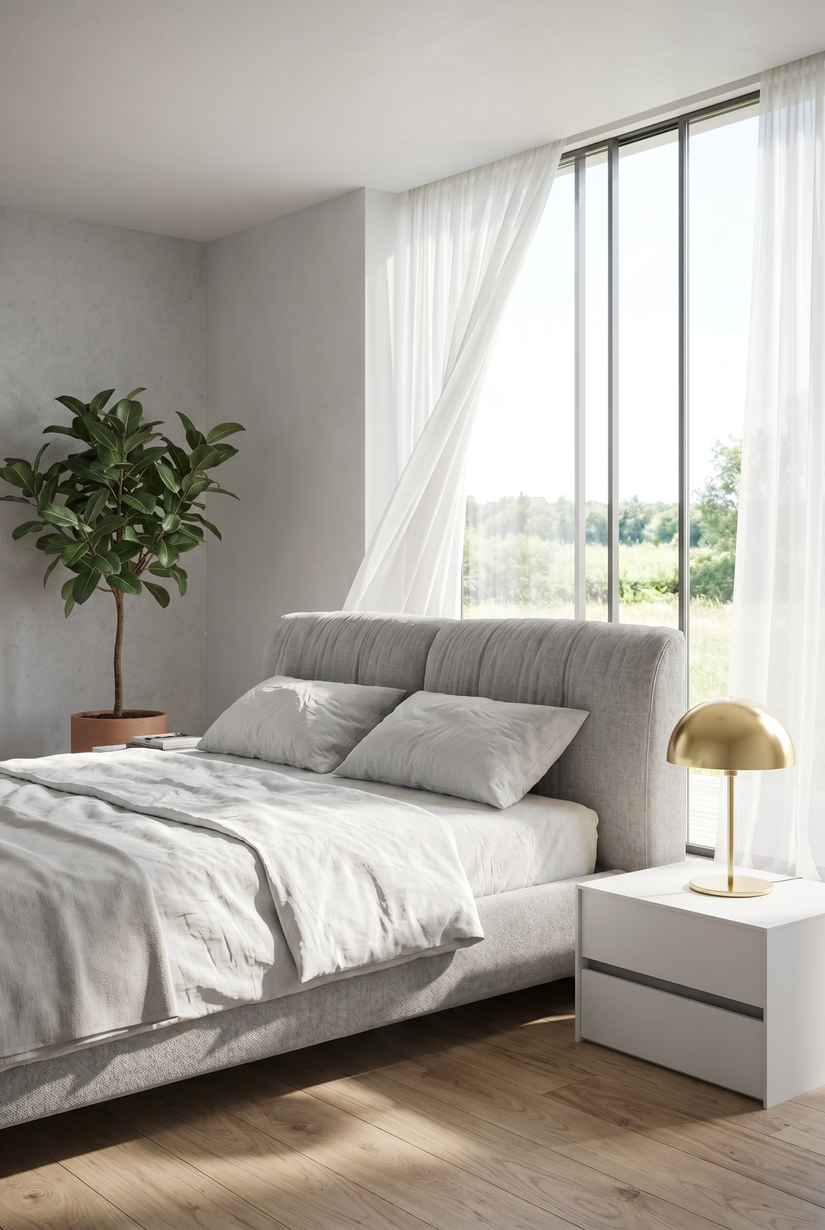 Chambre a&eacute;r&eacute;e avec un lit rembourr&eacute; gris, de la literie en lin blanc, une lampe de table minimaliste et une grande plante verte