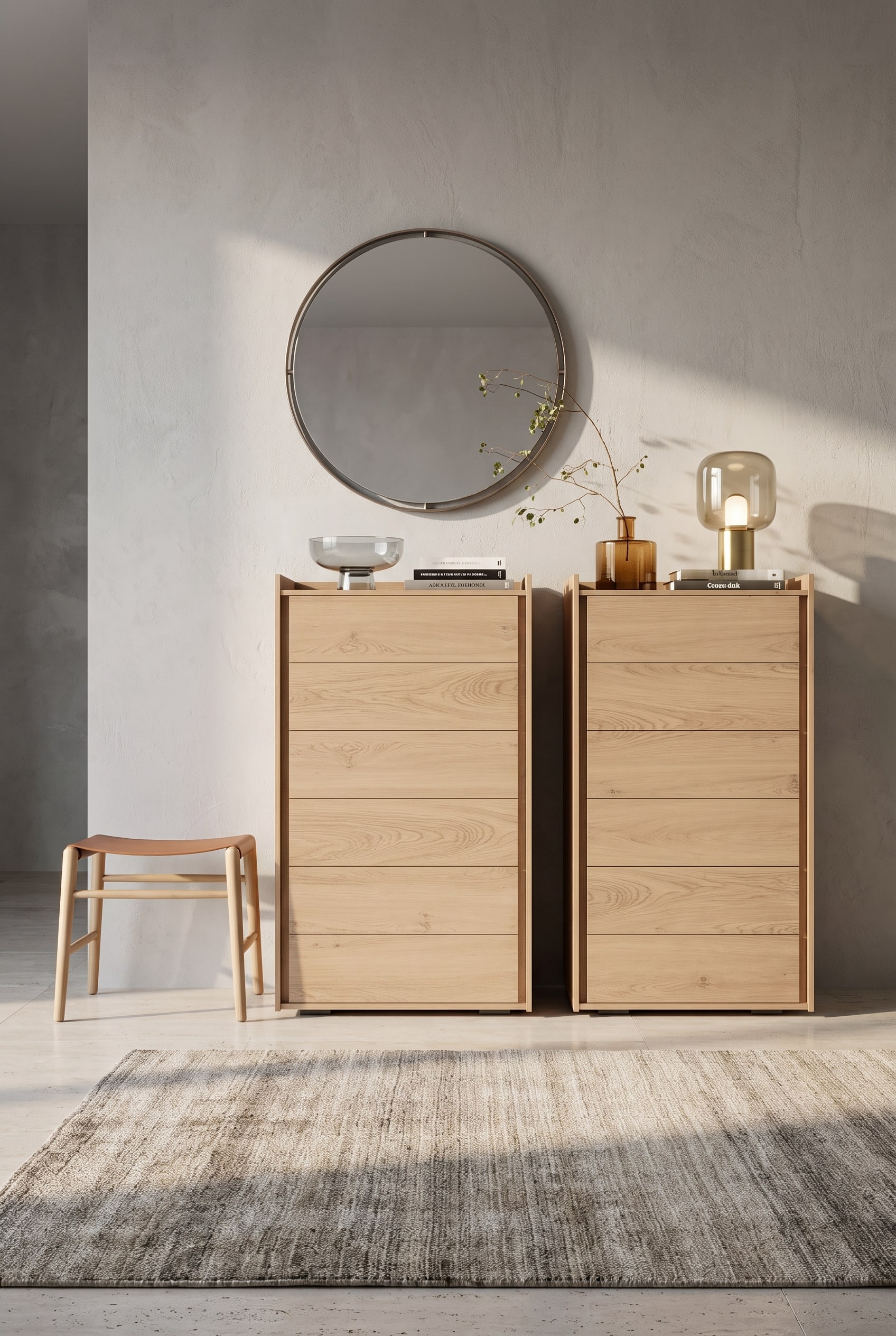 Commode haute couleur bois dans un couloir étroit, avec un petit vase de branches et une coupe en verre dessus