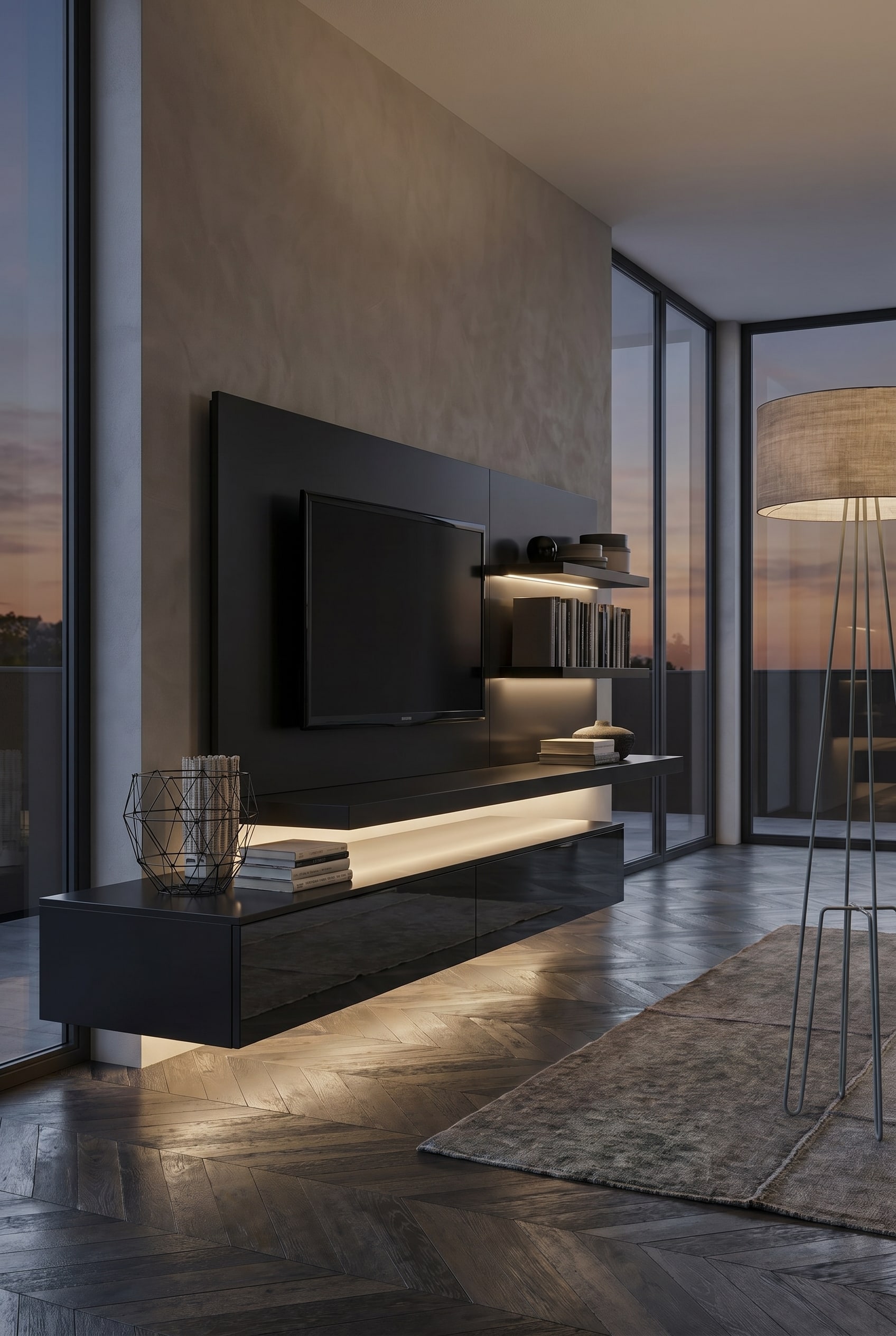 Meuble TV éclairé indirectement qui diffuse une lumière chaude (2700 Kelvin) dans le salon Meuble TV éclairé indirectement qui diffuse une lumière chaude (2700 Kelvin) dans le salon