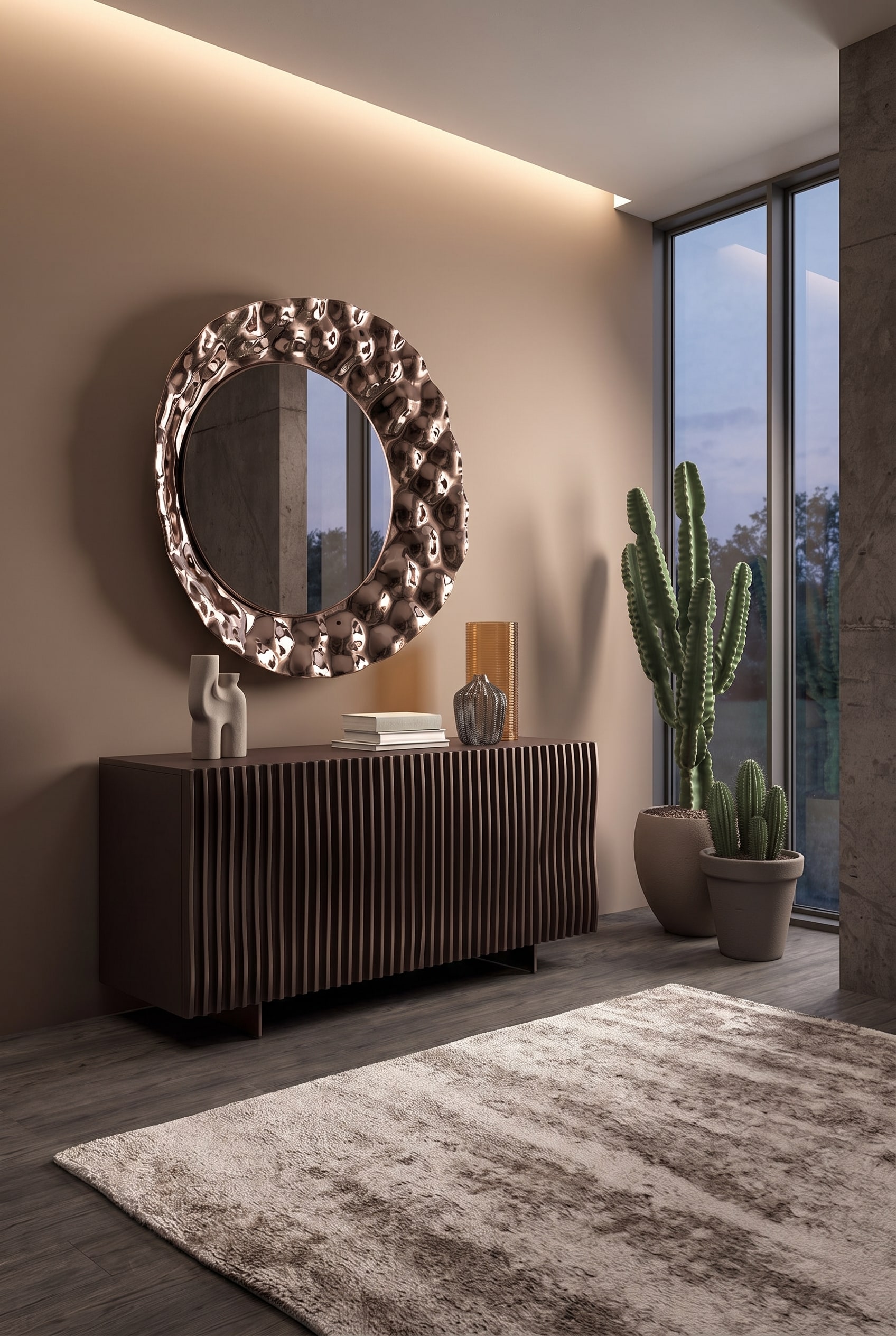 Salon moderne avec buffet Ozzio Onda à façade ondulée devant un mur brun doux