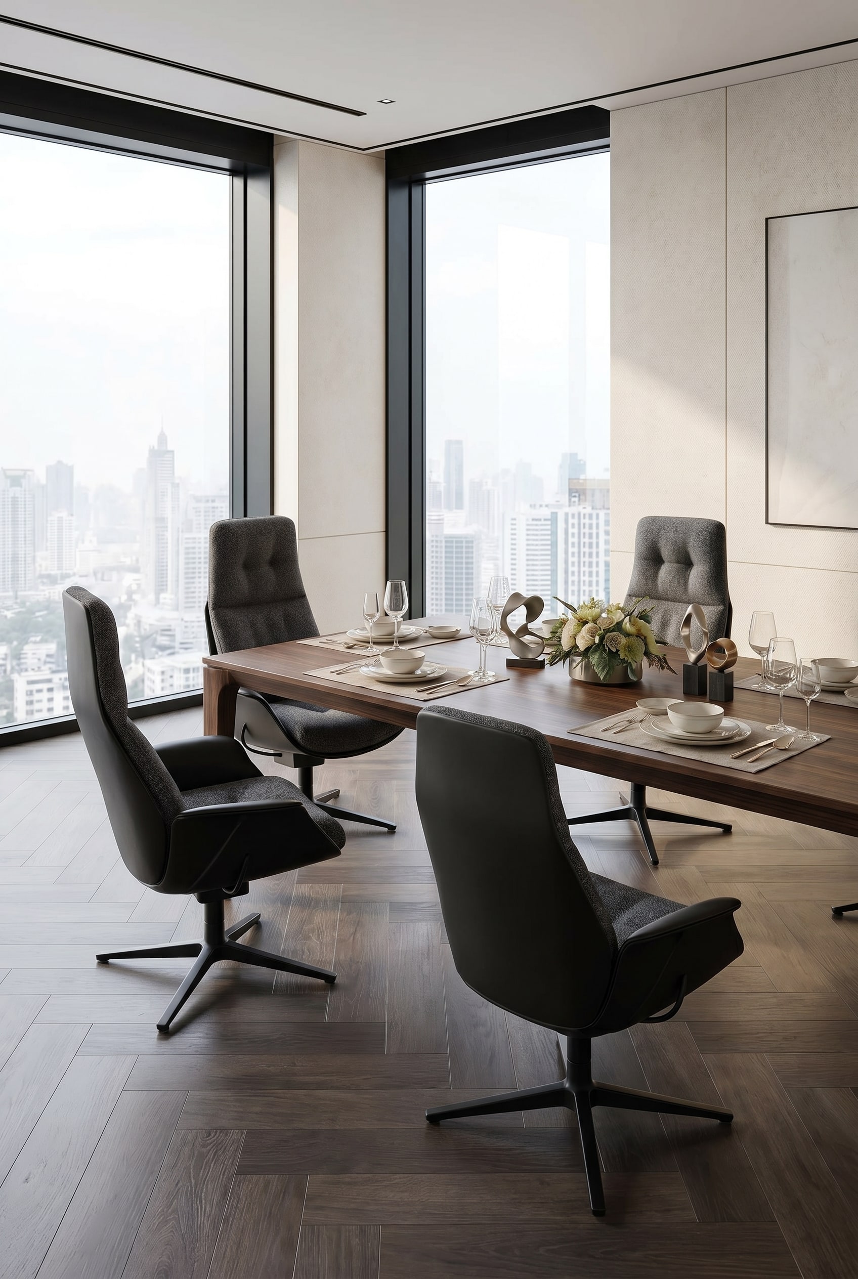 Fauteuil de salle à manger volumineux gris foncé sur piètement pivotant noir, posé librement sur un parquet sombre