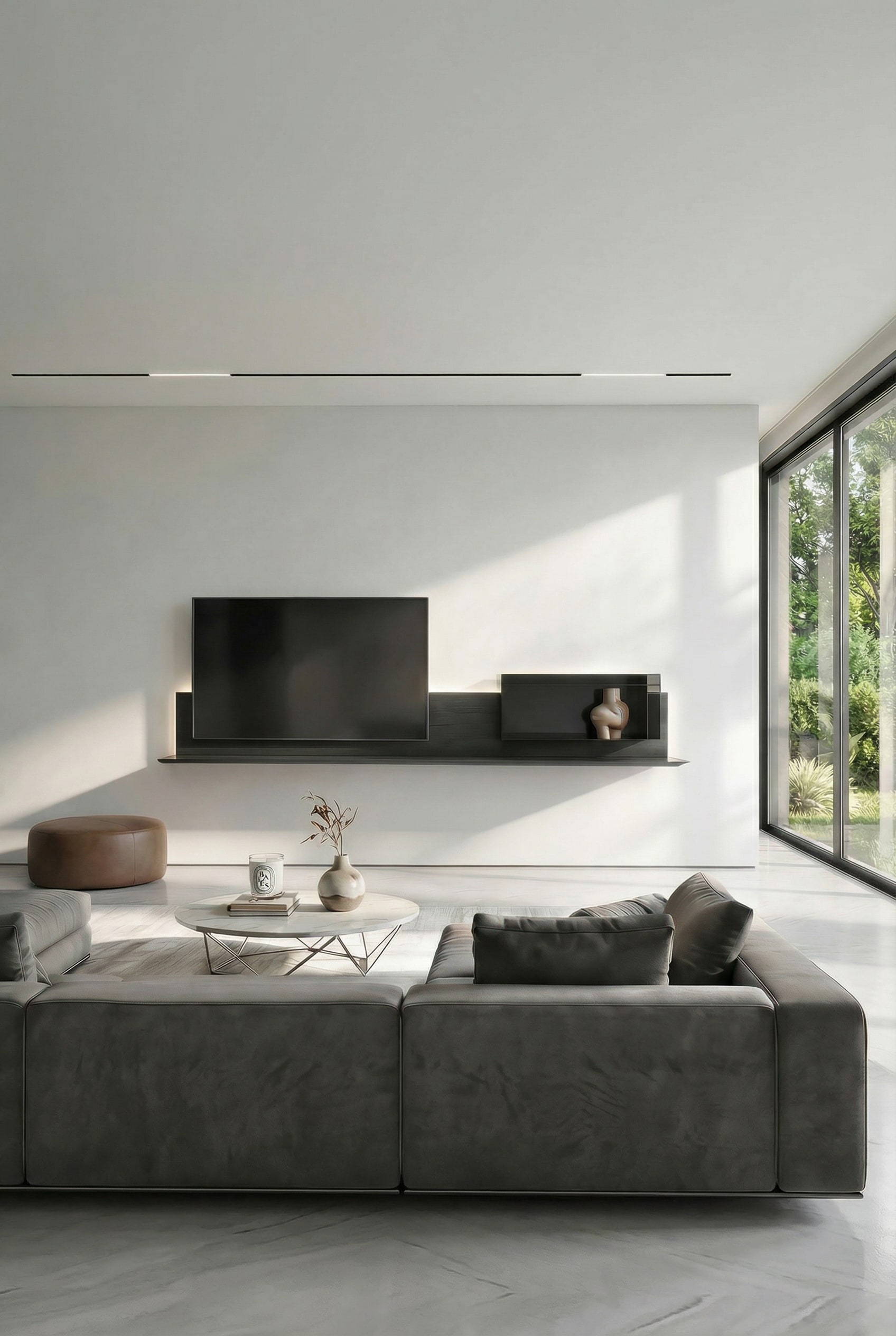 Volledig zwevend, minimalistisch tv-wandmeubel in de woonkamer