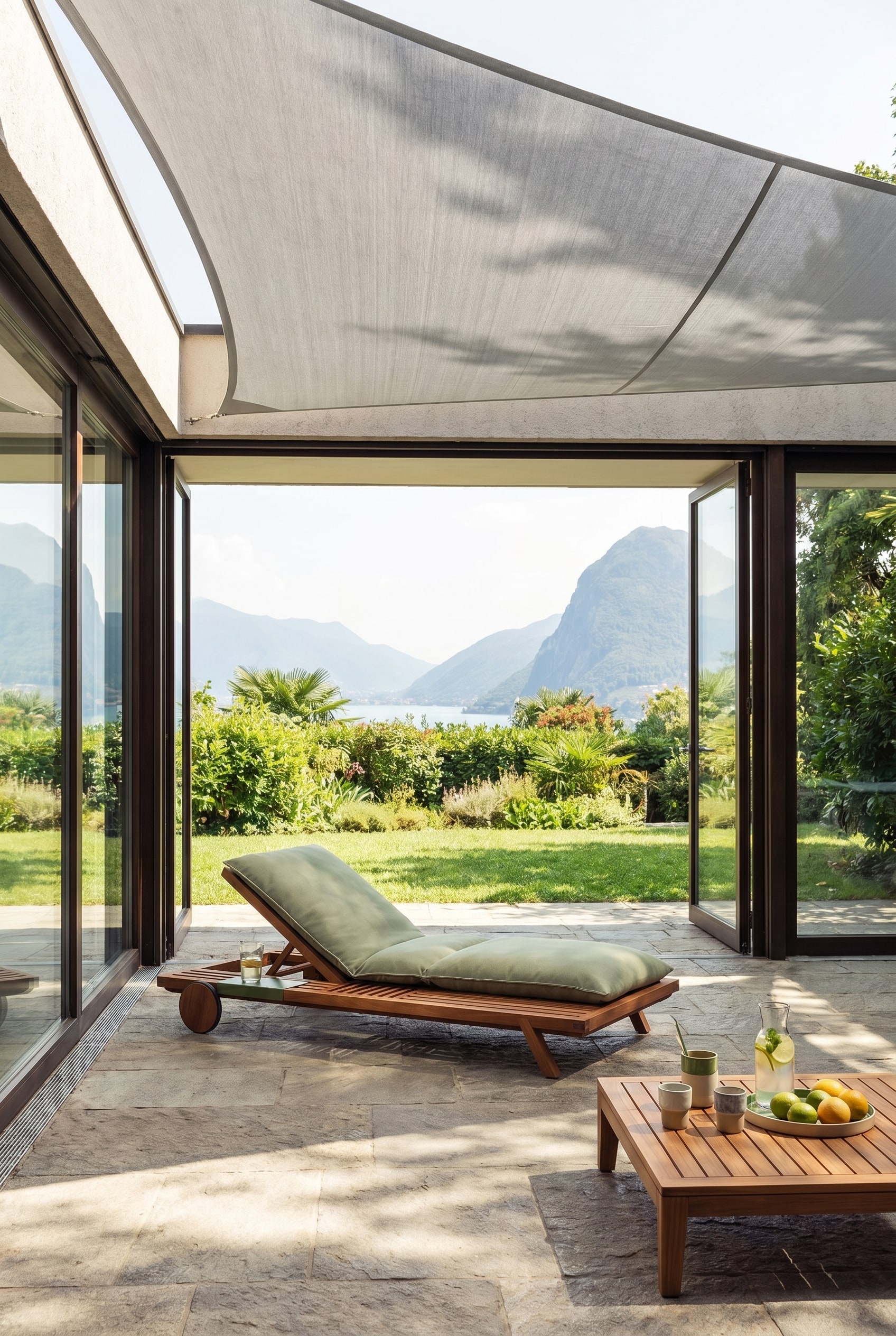 Zone de transition avec de grandes baies vitrées, une voile d'ombrage gris clair et le salon de jardin en bois massif Prostoria Umomoku avec des coussins vert sauge