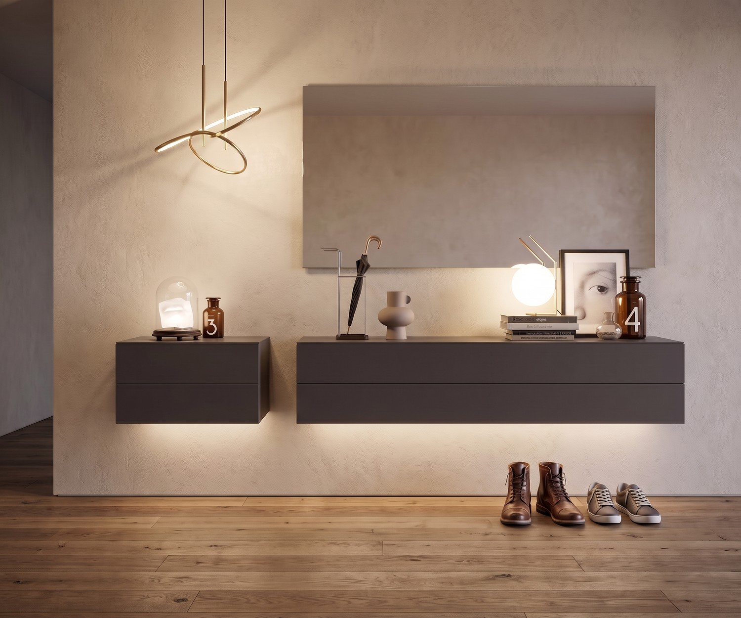 Novamobili Easy hangende ladekast met 2 laden in de hal. Modern grijs zwevend dressoir in een minimalistische stijl.