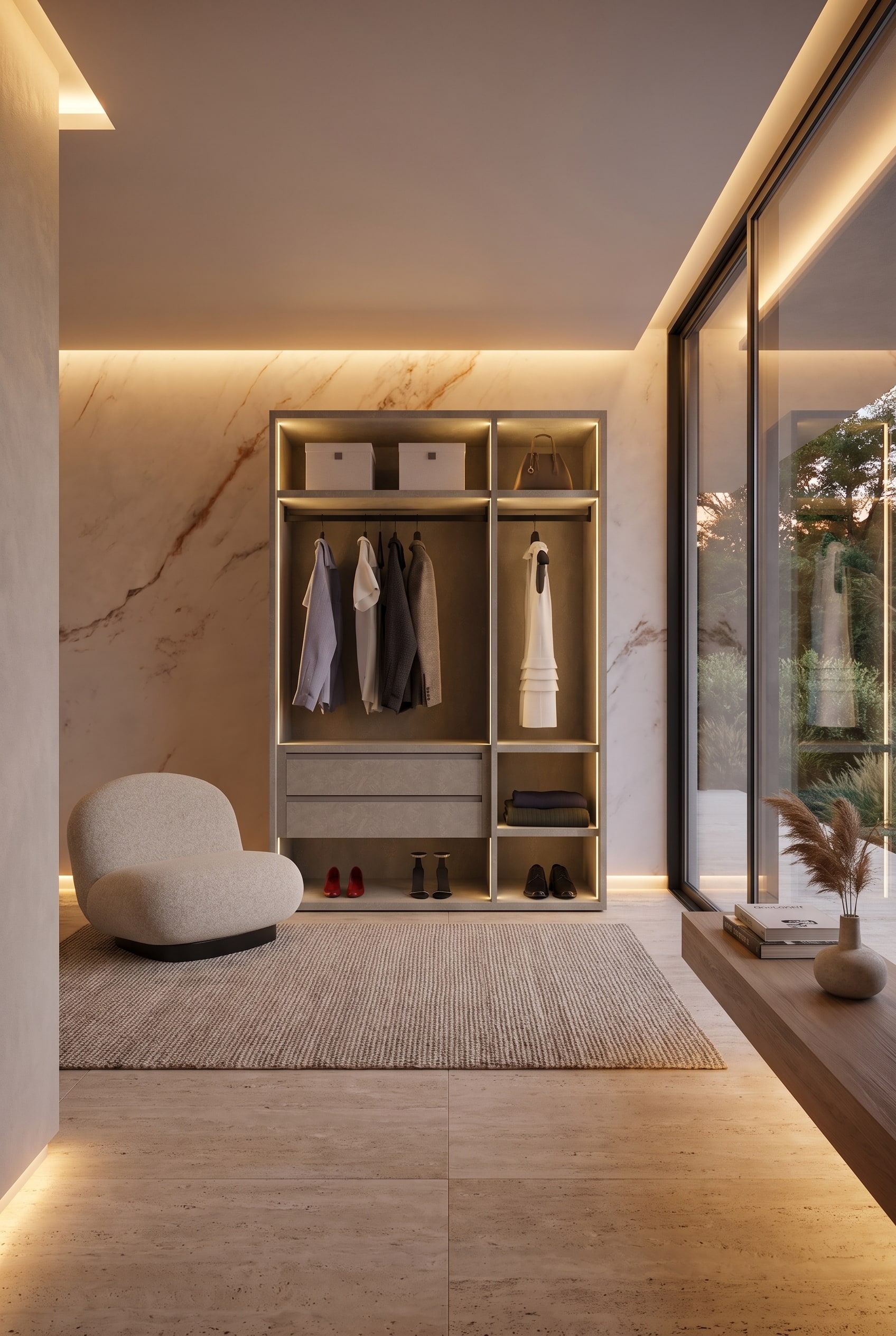Un meuble &agrave; chaussures moderne et suspendu dans le couloir avec &eacute;clairage LED indirect, compl&eacute;t&eacute; par une &eacute;l&eacute;gante penderie ouverte.