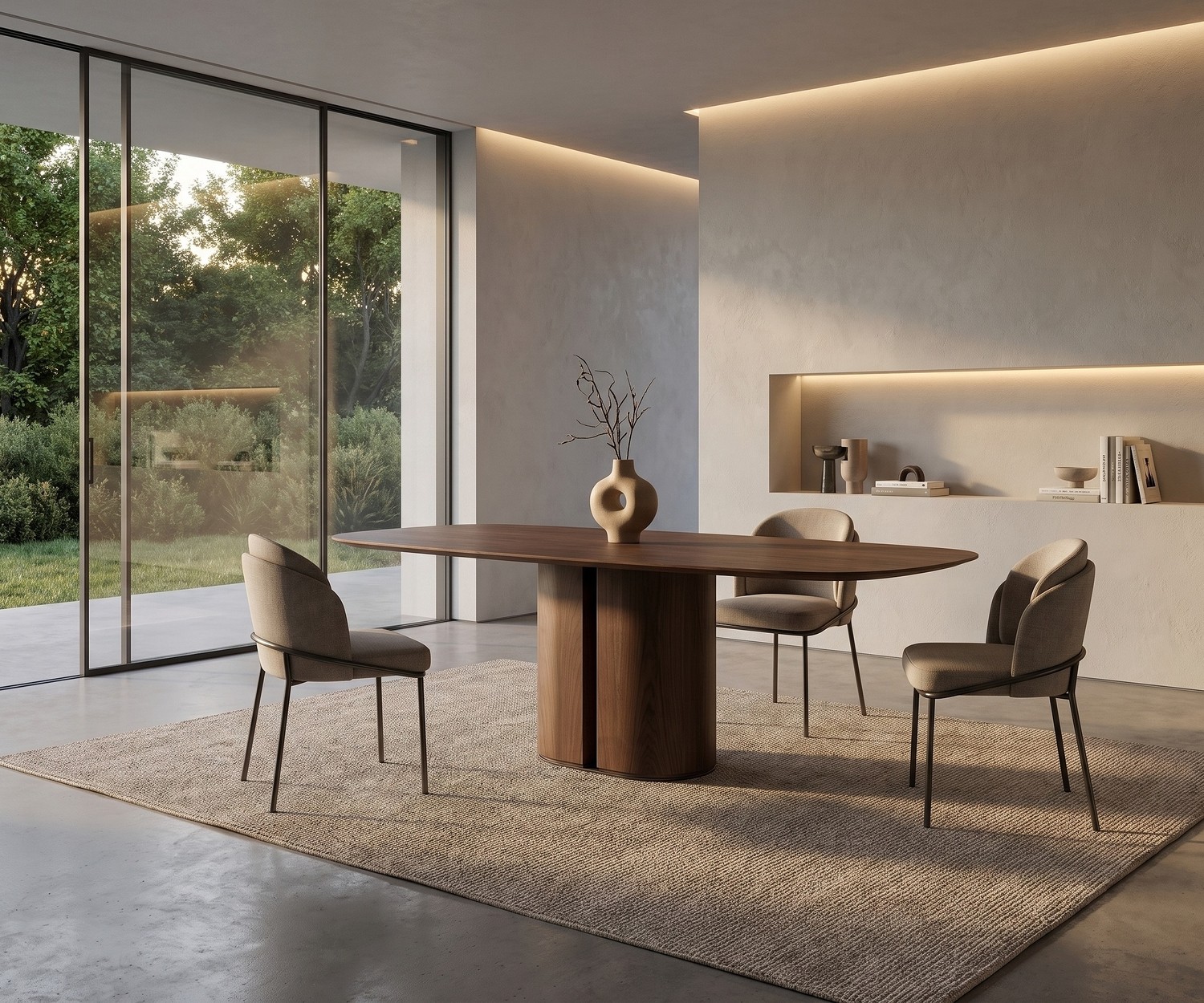 al2 el-it c 001 houten eettafel in een minimalistische eetkamer met beigekleurige stoelen en tuinzicht.