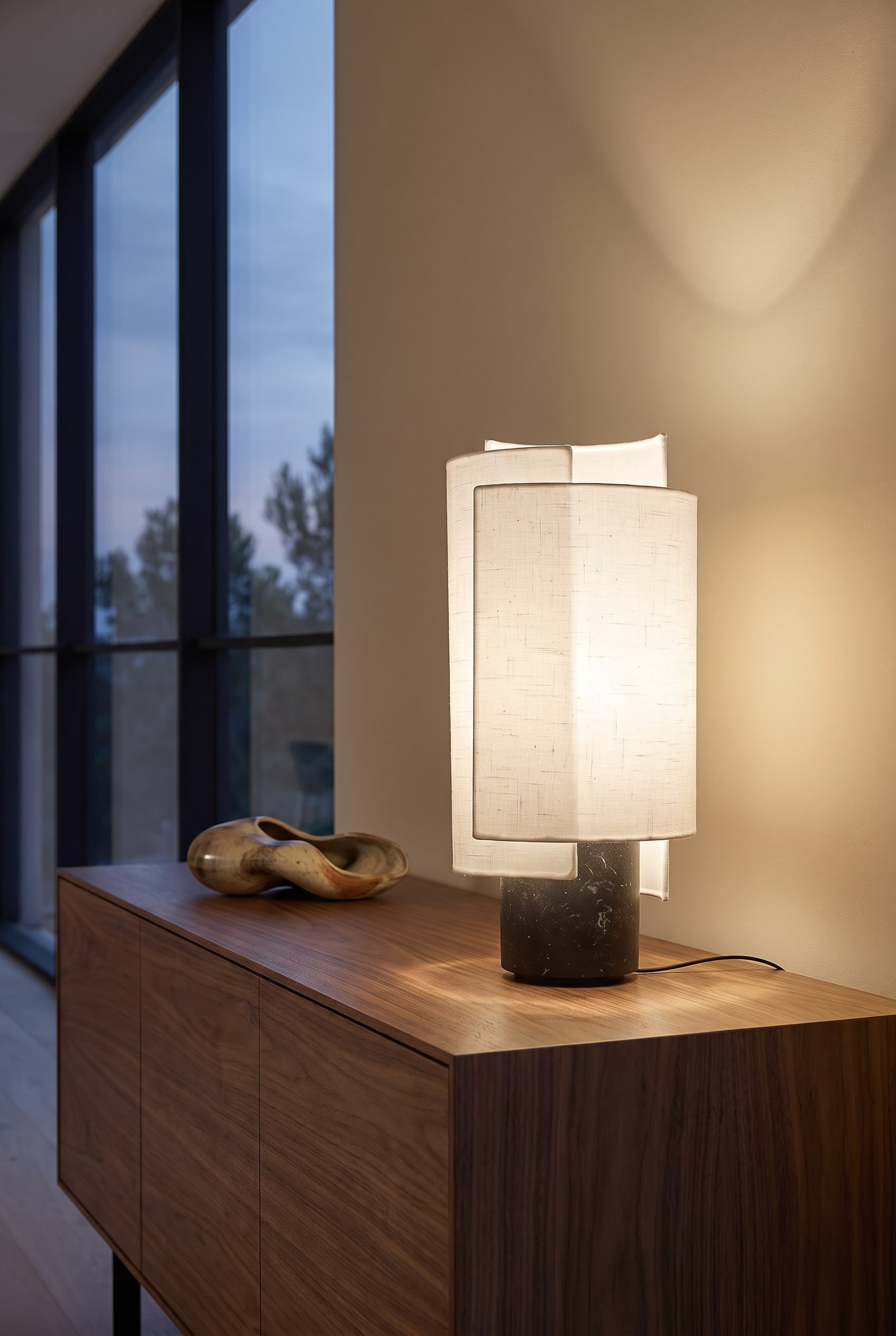 &Eacute;l&eacute;gante salle &agrave; manger avec un buffet bas en bois, sur lequel repose une lampe de table sculpturale avec une lumi&egrave;re blanc chaud et un lourd pied en marbre.