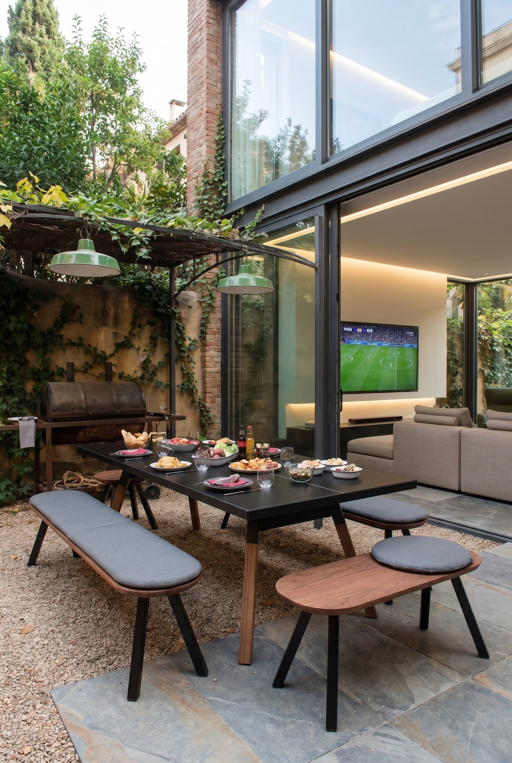 Banc en bois avec des coussins gris sur une terrasse ext&eacute;rieure devant une table noire et un grand barbecue