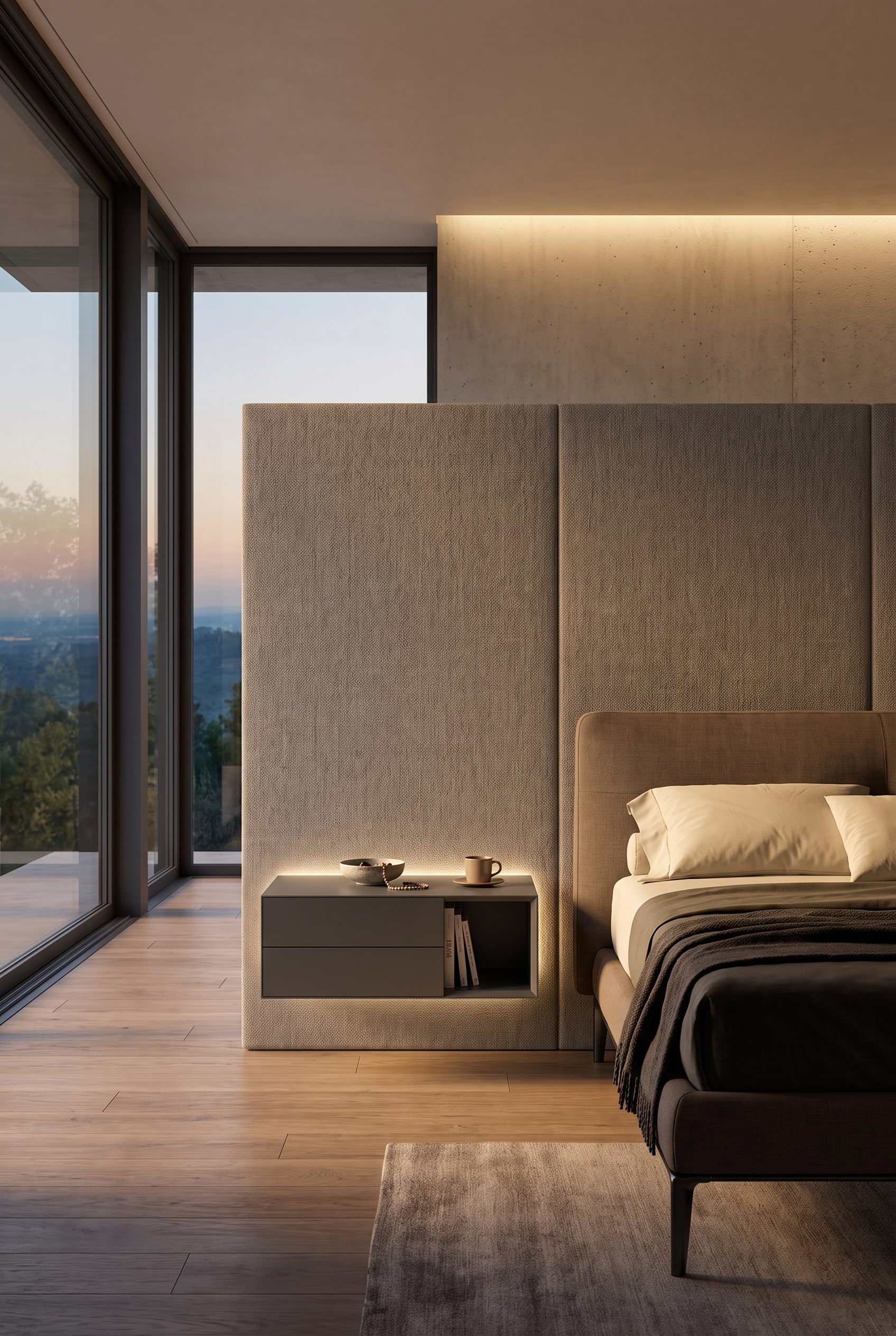 Chambre de haute qualit&eacute; avec table de chevet flottante &agrave; compartiment ouvert, mont&eacute;e sur un panneau mural textile, &agrave; c&ocirc;t&eacute; d'un lit rembourr&eacute;