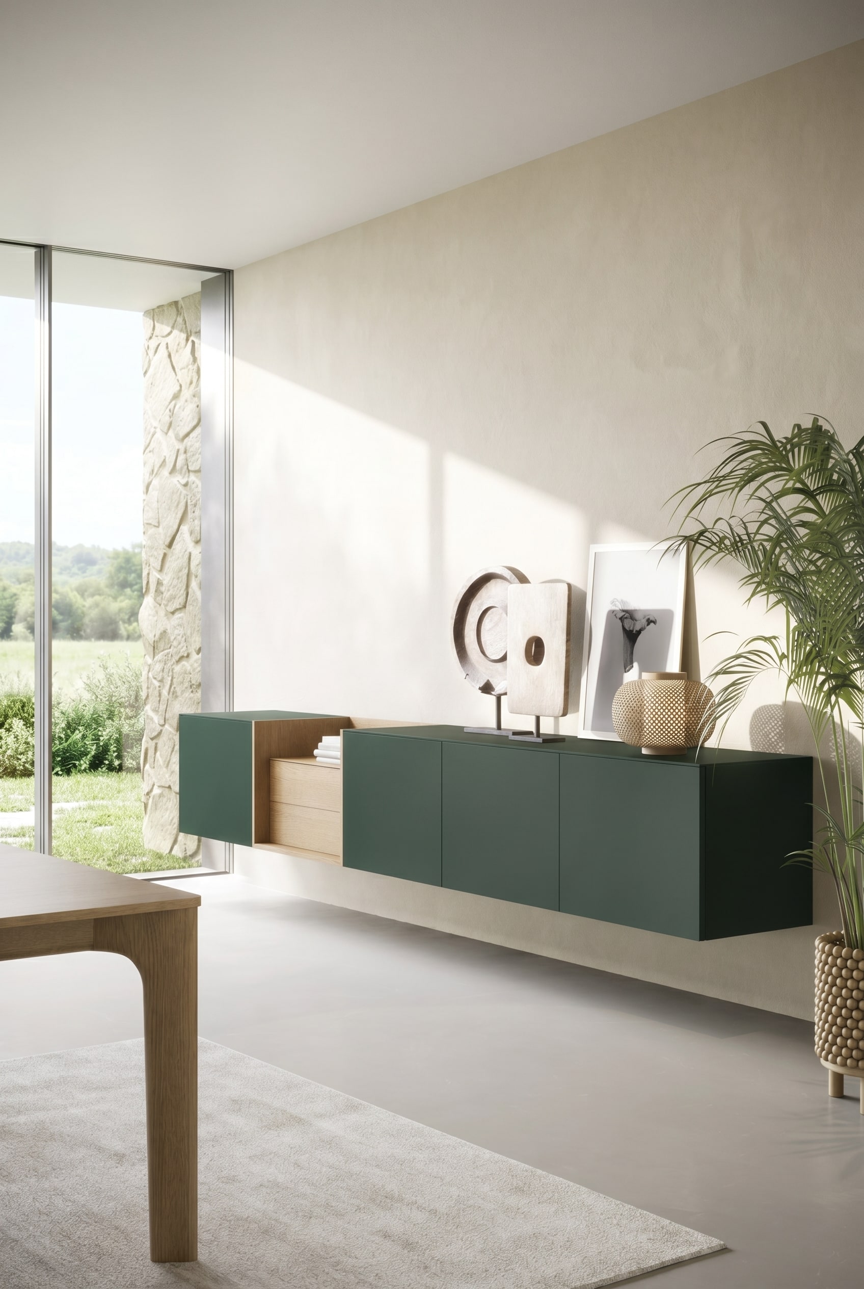 Buffet suspendu coloré en contraste sur un mur de salon clair. Buffet suspendu coloré en contraste sur un mur de salon clair.