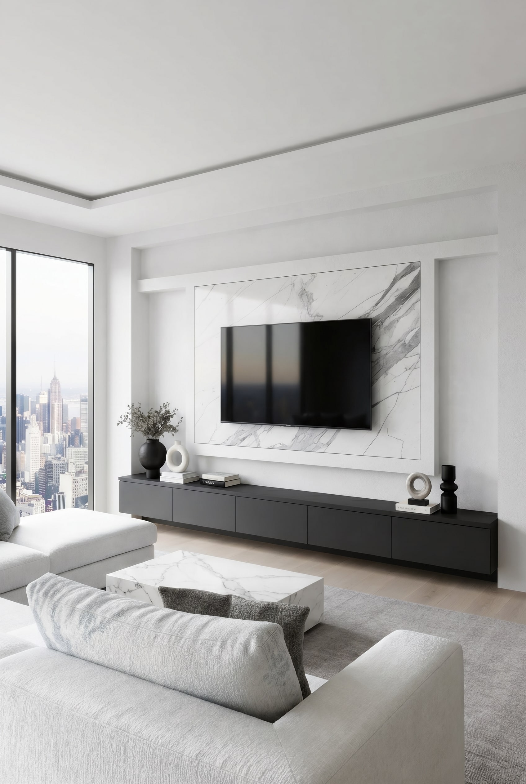 Meuble TV blanc architectural sur mesure, parfaitement intégré dans une niche de salon Meuble TV blanc architectural sur mesure, parfaitement intégré dans une niche de salon