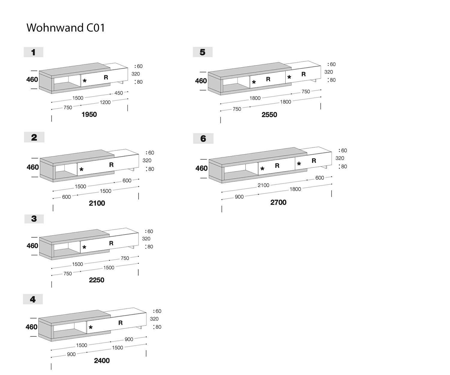 Maatschets Afmetingen TV-wandmeubel Livitalia C01 Maatschets Afmetingen TV-wandmeubel Livitalia C01