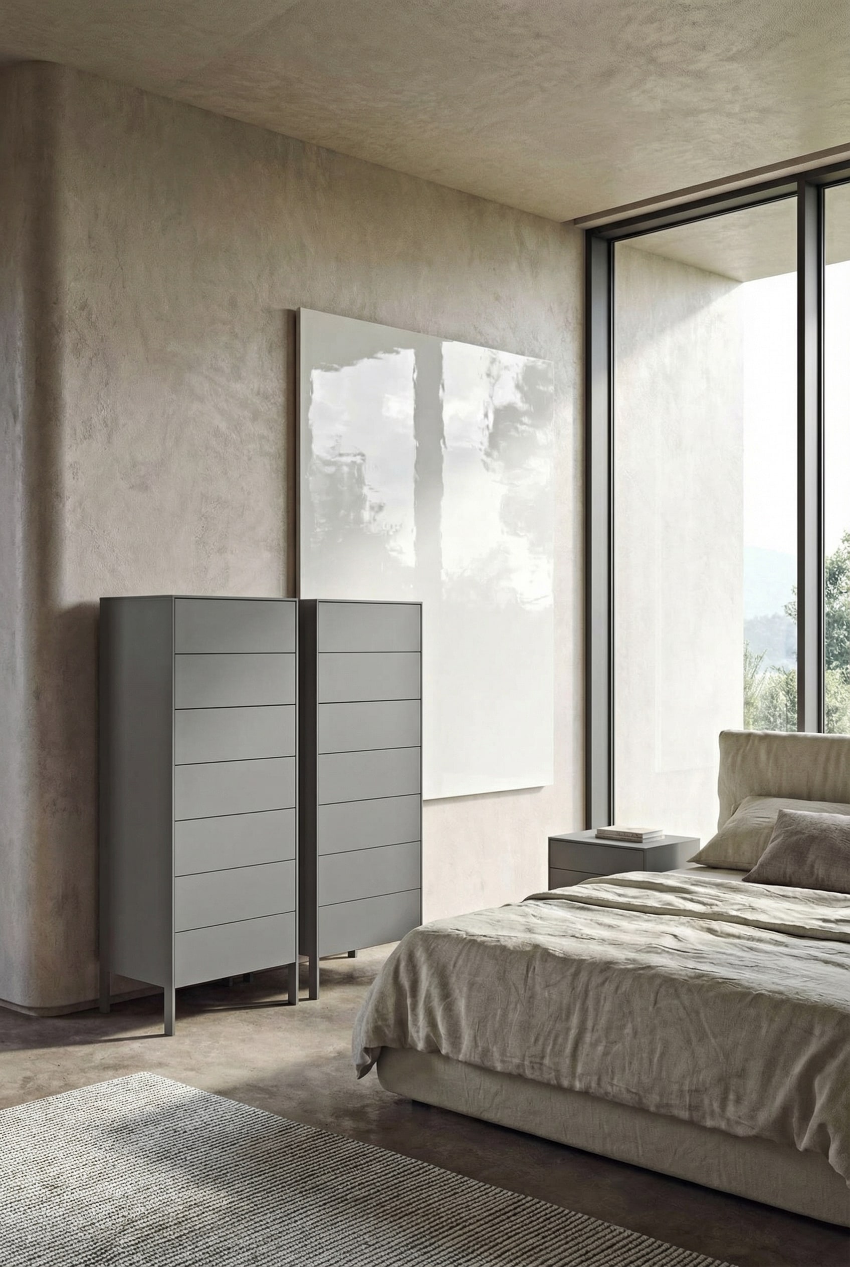 Commode haute design laquée brillante dans une chambre moderne avec une douce réflexion de la lumière. Commode haute design laquée brillante dans une chambre moderne avec une douce réflexion de la lumière.