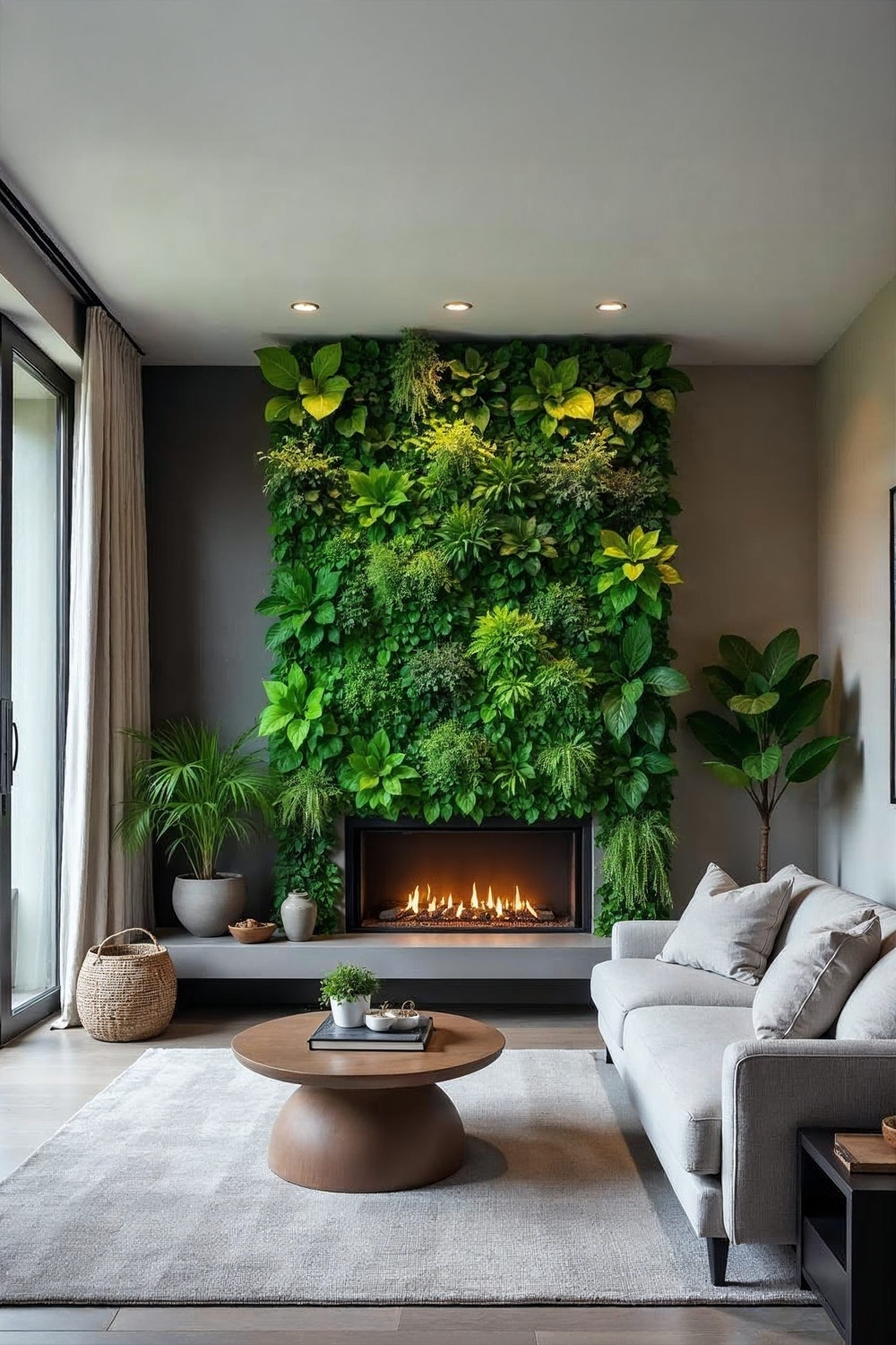 gezellige-woonkamer-in-franse-landhuisstijl-met-grijze-bank-opvallende-houten-tafel-en-groene-junglewand