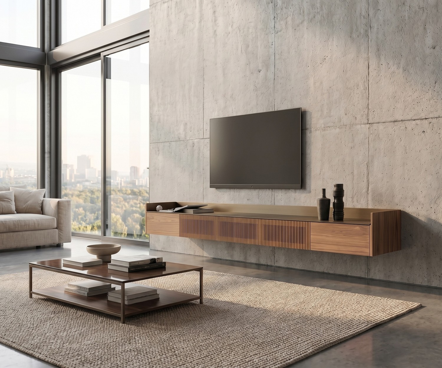 Punt Stockholm Slim Zwevend Tv-Meubel Punt Stockholm Slim zwevend tv-meubel van hout met gouden top in een modern interieur.
