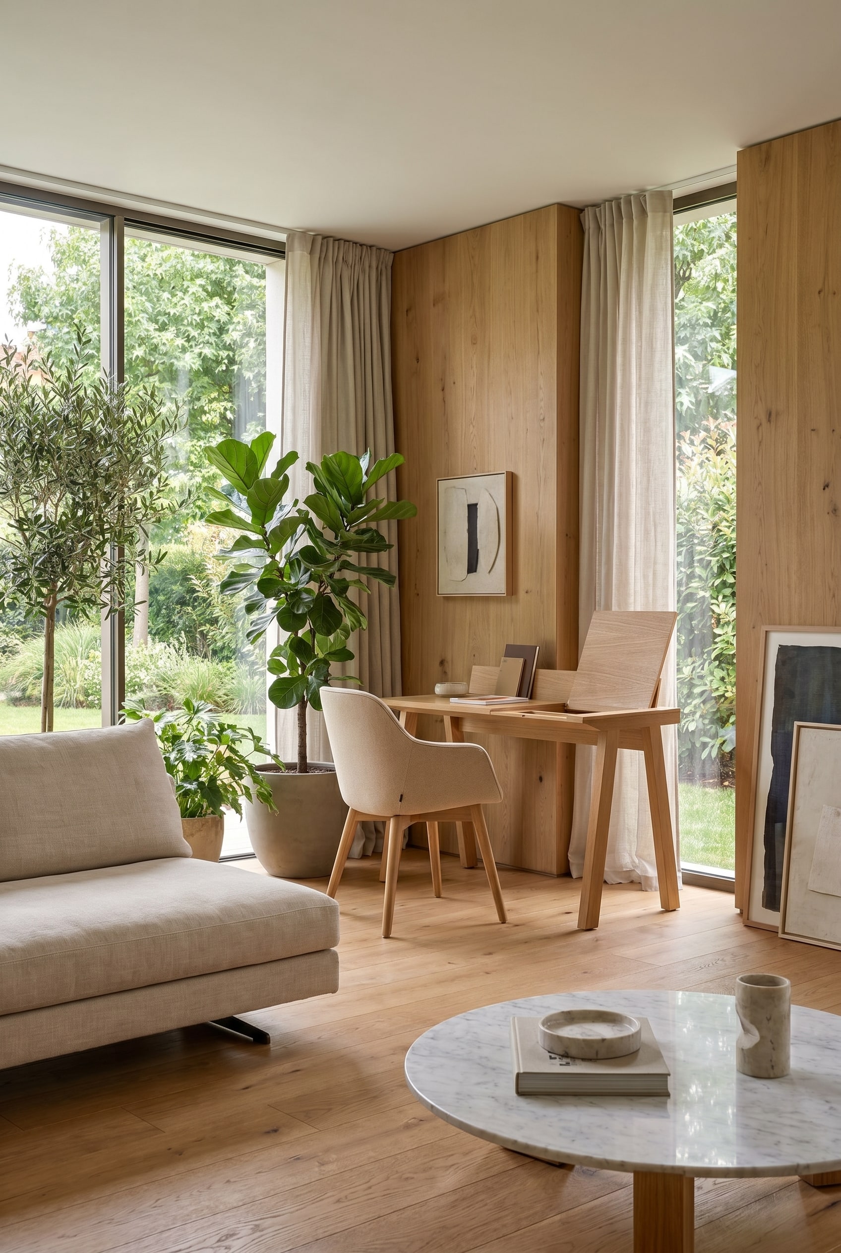 Salon lumineux avec secr&eacute;taire en noyer ferm&eacute; et chaise beige