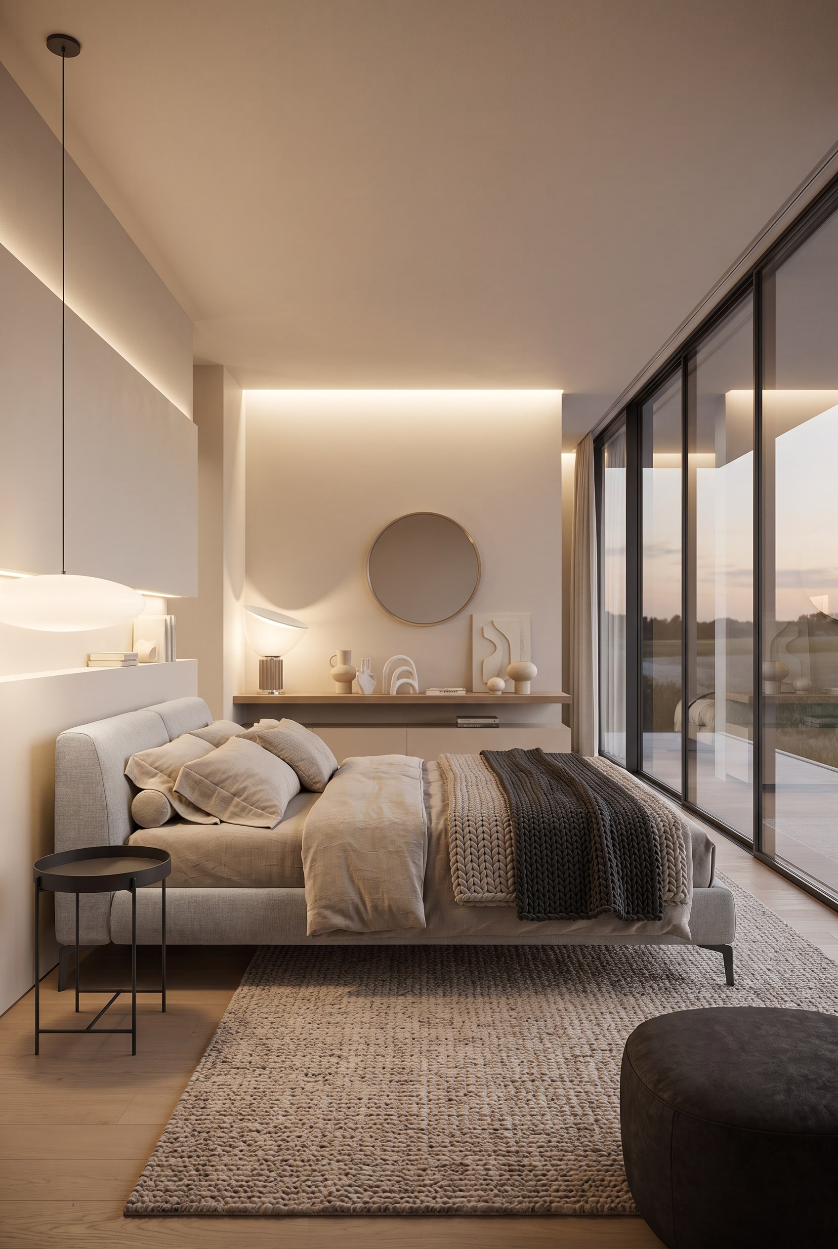 Une chambre monochrome dans des tons beiges clairs avec l'élégant lit rembourré Novamobili Margot et des textiles multicouches apaisants.