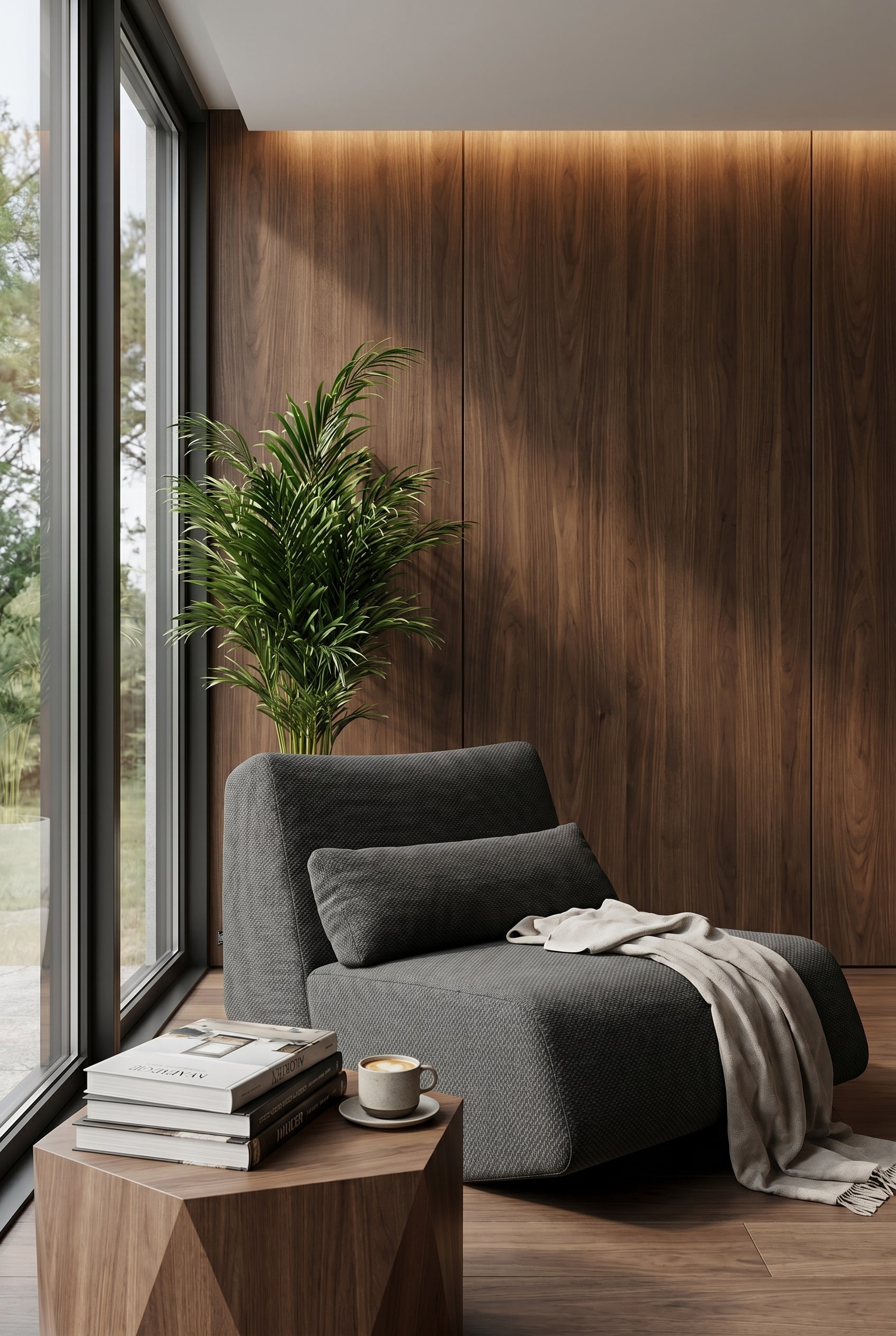 Coin lecture confortable dans le salon avec des panneaux de bois sombres et un fauteuil lounge gris foncé aux formes fluides