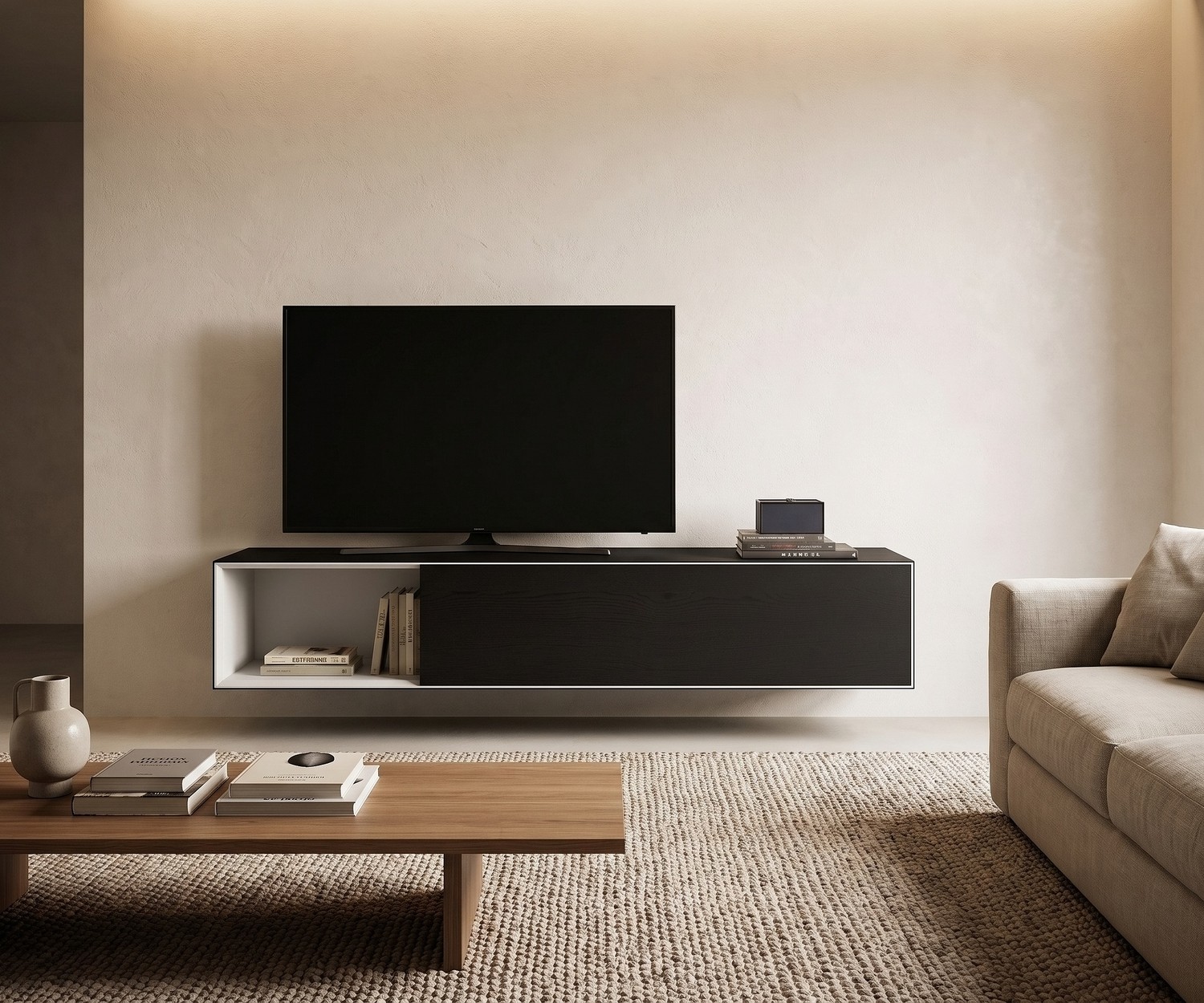 Livitalia Minimal Zwevend Tv-Meubel Livitalia Minimal zwevend tv-meubel in een moderne woonkamer: donkerhouten lowboard met open vak en klepdeur.