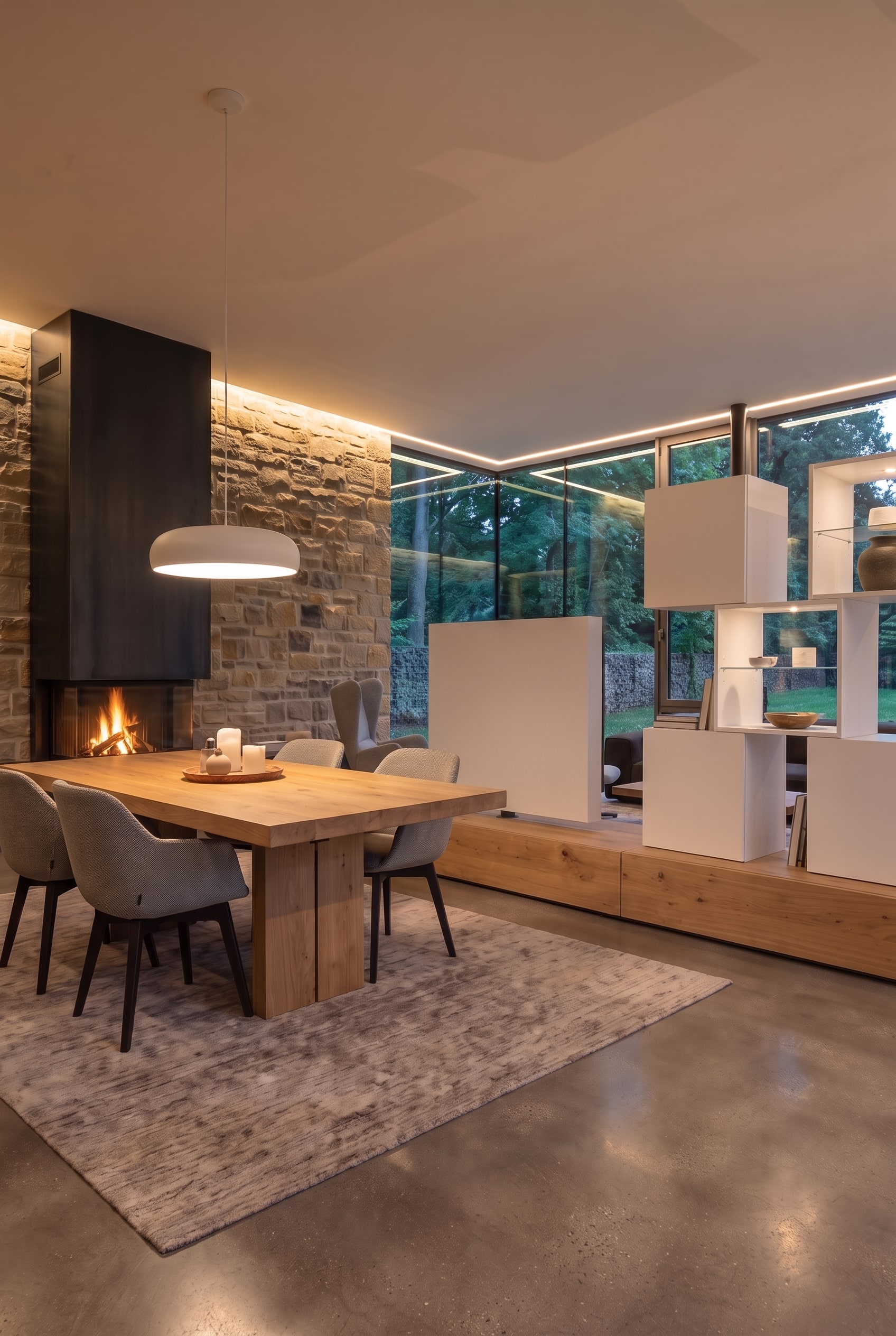 Le dos blanc d'un s&eacute;parateur de pi&egrave;ce puriste d&eacute;limite &eacute;l&eacute;gamment le salon d'un coin repas avec une table en bois moderne.
