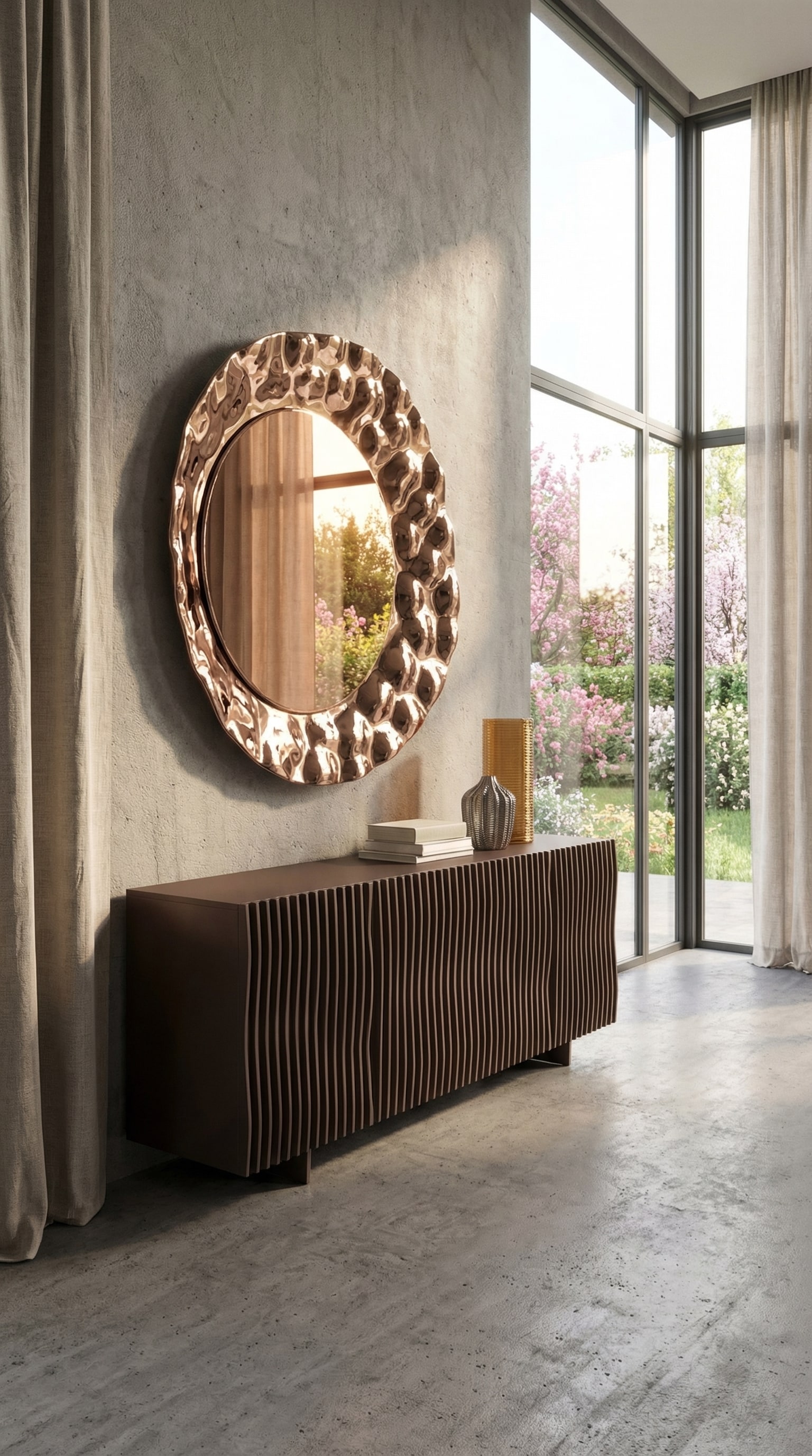 Salon avec un buffet marron dont la façade est composée d'ondes organiques, sous la chaude lumière du printemps. Salon avec un buffet marron dont la façade est composée d'ondes organiques, sous la chaude lumière du printemps.