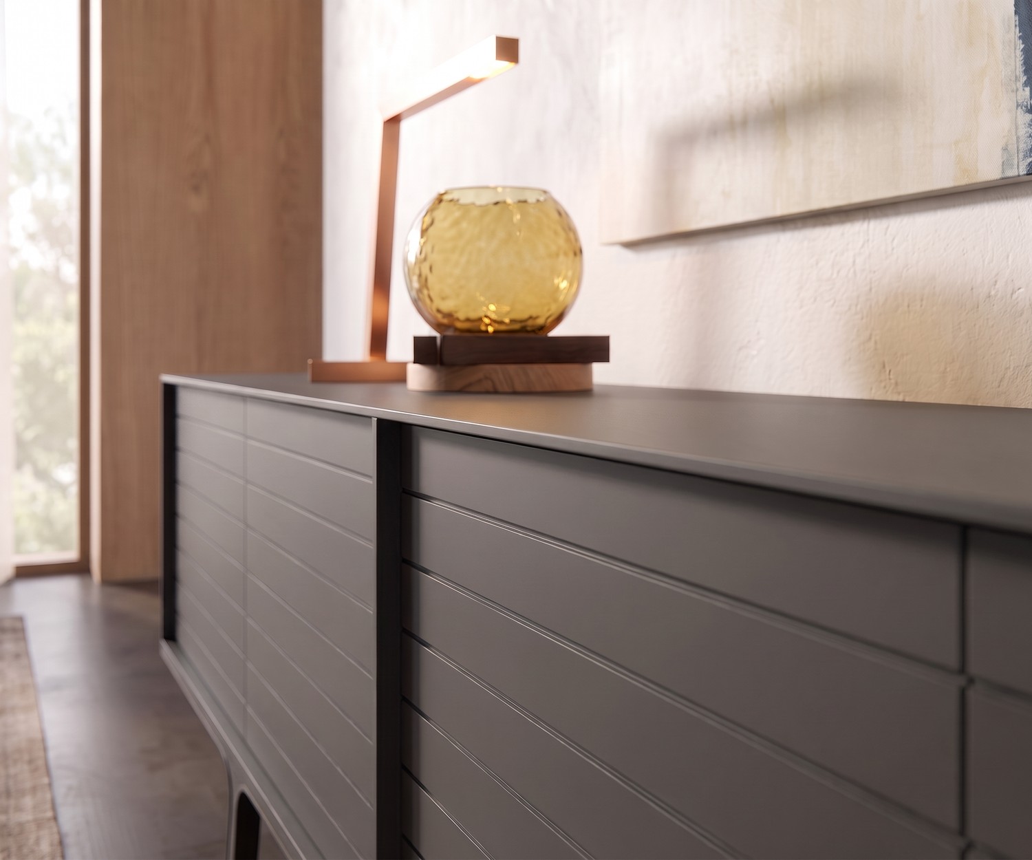al2 Mobius 002 dressoir voor de woonkamer in mat donkergrijs met houten poten, minimalistisch modern interieur.