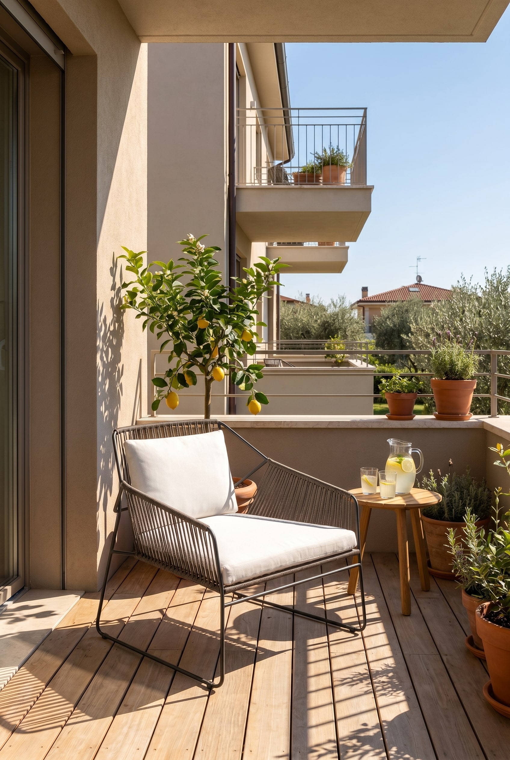 Sonniger Balkon mit edlem Edelstahl-Sessel und offener Schnur-Bespannung in Anthrazit