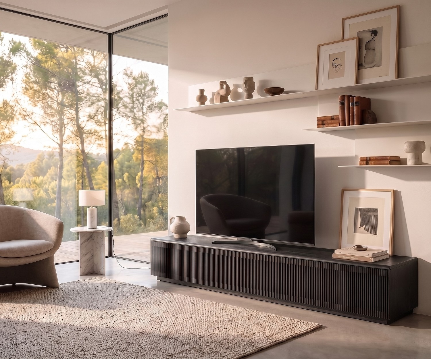 Meuble TV bas Punt Malmö en noyer avec façade à tasseaux dans un salon moderne lumineux avec grand écran.