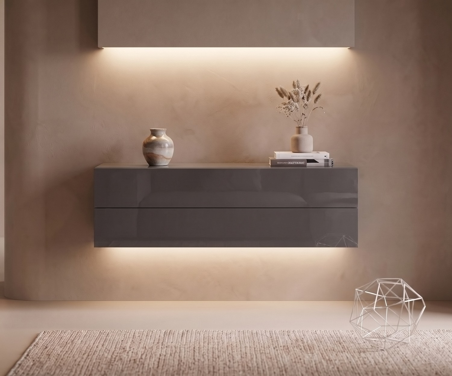 Commode suspendue Easy de Novamobili. Buffet suspendu de salon gris quartz au style minimaliste avec éclairage LED.