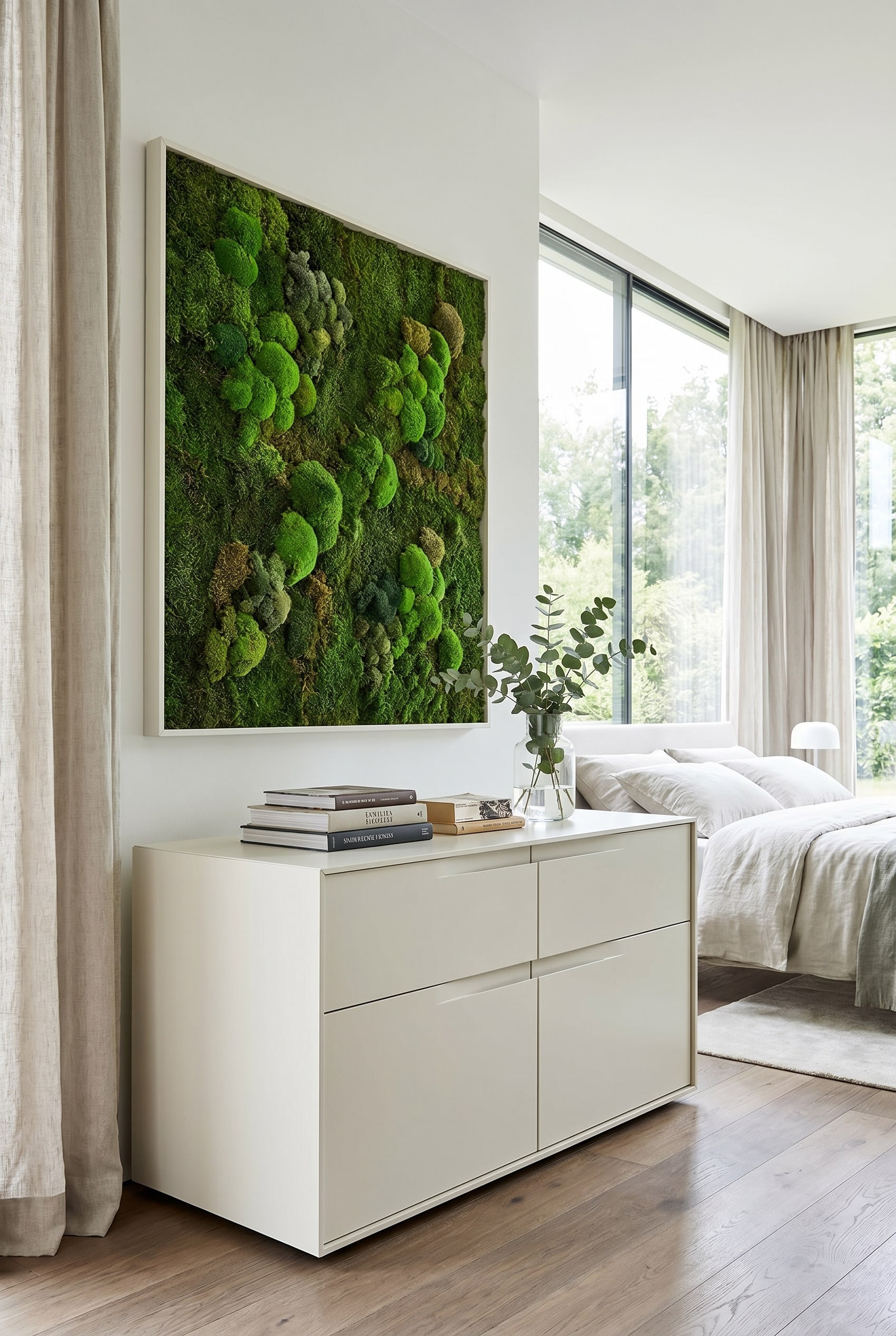 Chambre minimaliste avec commode monolithique sans poignée en blanc crème, au-dessus un tableau végétal et une pile de livres
