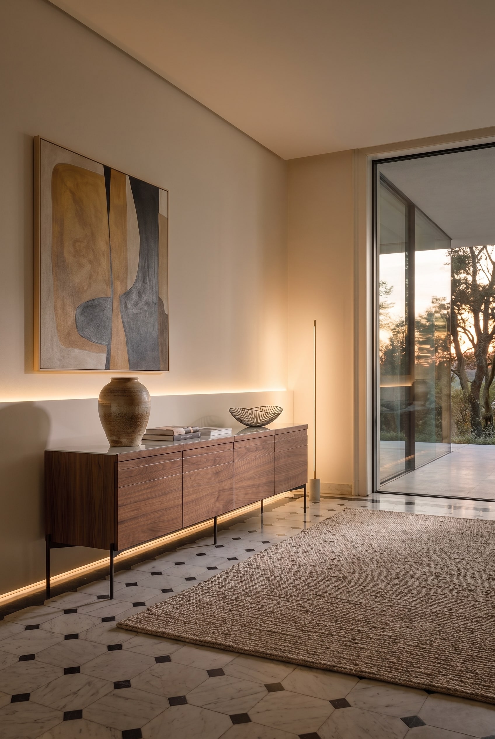 Buffet en bois moderne dans le couloir avec &eacute;clairage mural indirect, grand tableau abstrait et carrelage clair.