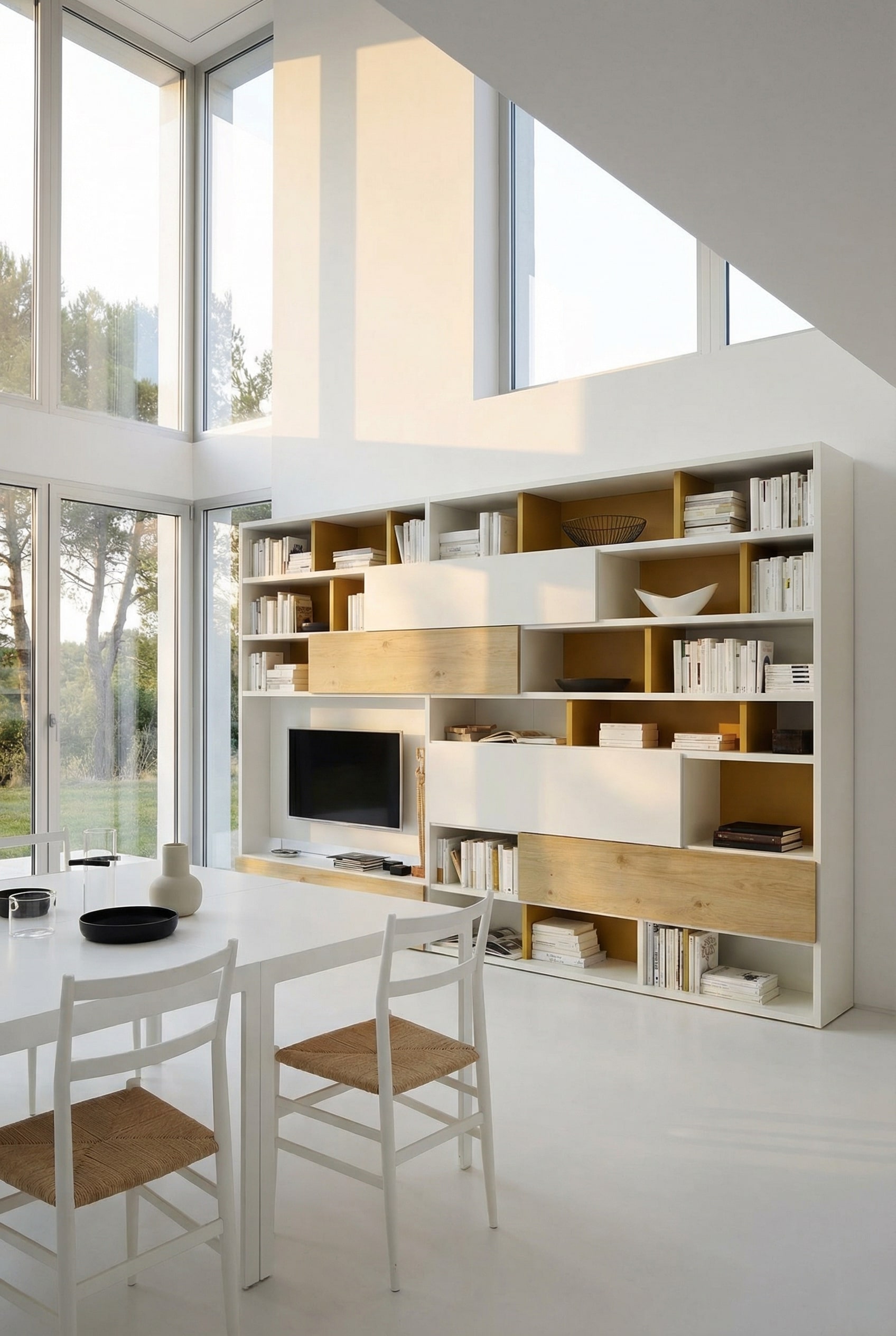 Moderne woonkamer met asymmetrische Livitalia Boekenkast C51, gedecoreerd met horizontale boeken en kunst.
