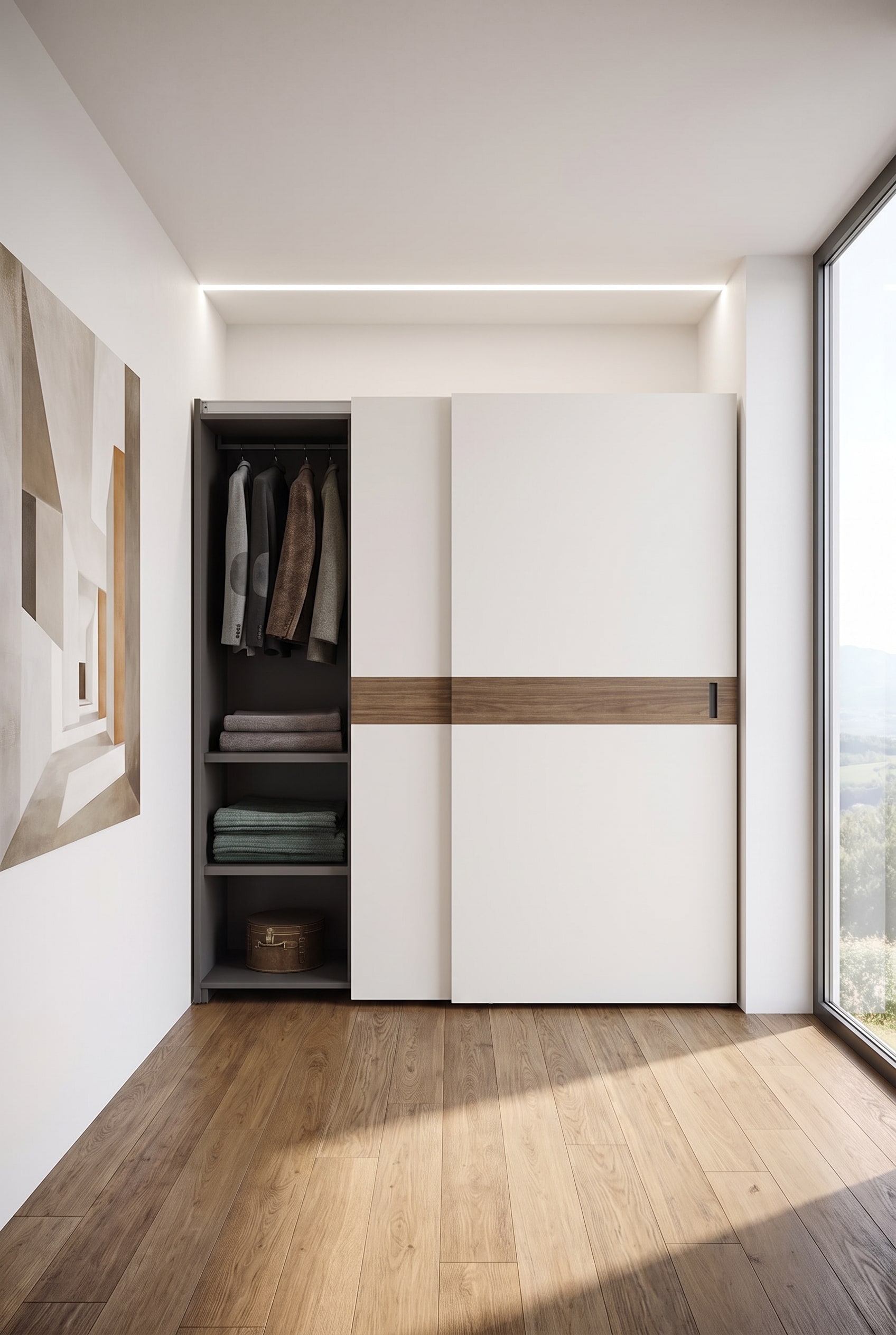 Couloir avec un mur d'armoires &agrave; portes coulissantes flottantes en blanc mat, poign&eacute;e dissimul&eacute;e et parquet en ch&ecirc;ne continu