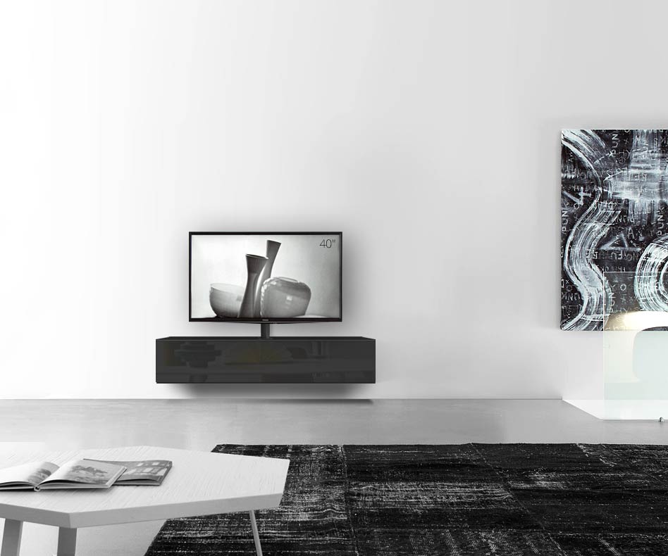 Table basse design Configurateur avec support TV mural Largeur 150 32 54,6 avec noir brillant