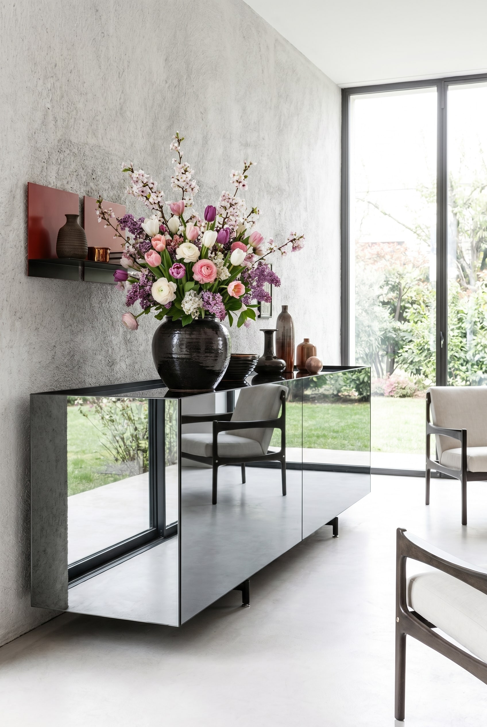 Buffet avec fa&ccedil;ades miroir dans une pi&egrave;ce lumineuse, donnant l'impression que l'arrangement printanier sur le plateau flotte visuellement