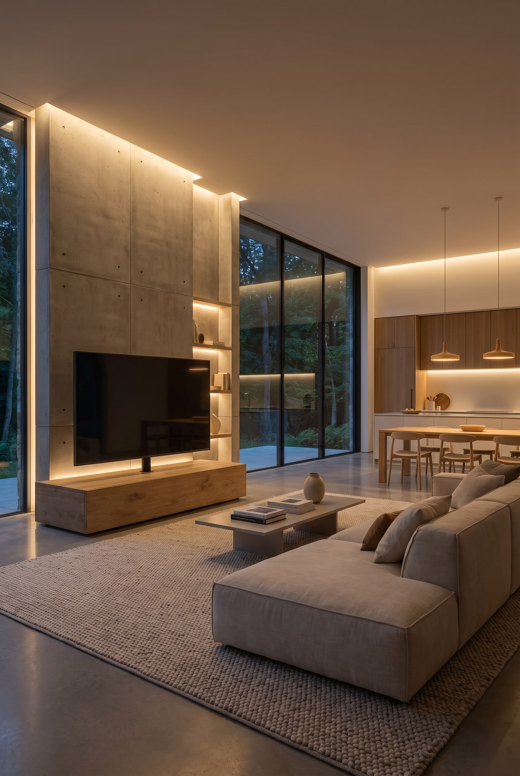 Chambre compacte avec une colonne TV verticale extrêmement mince, tendue entre le sol et le plafond