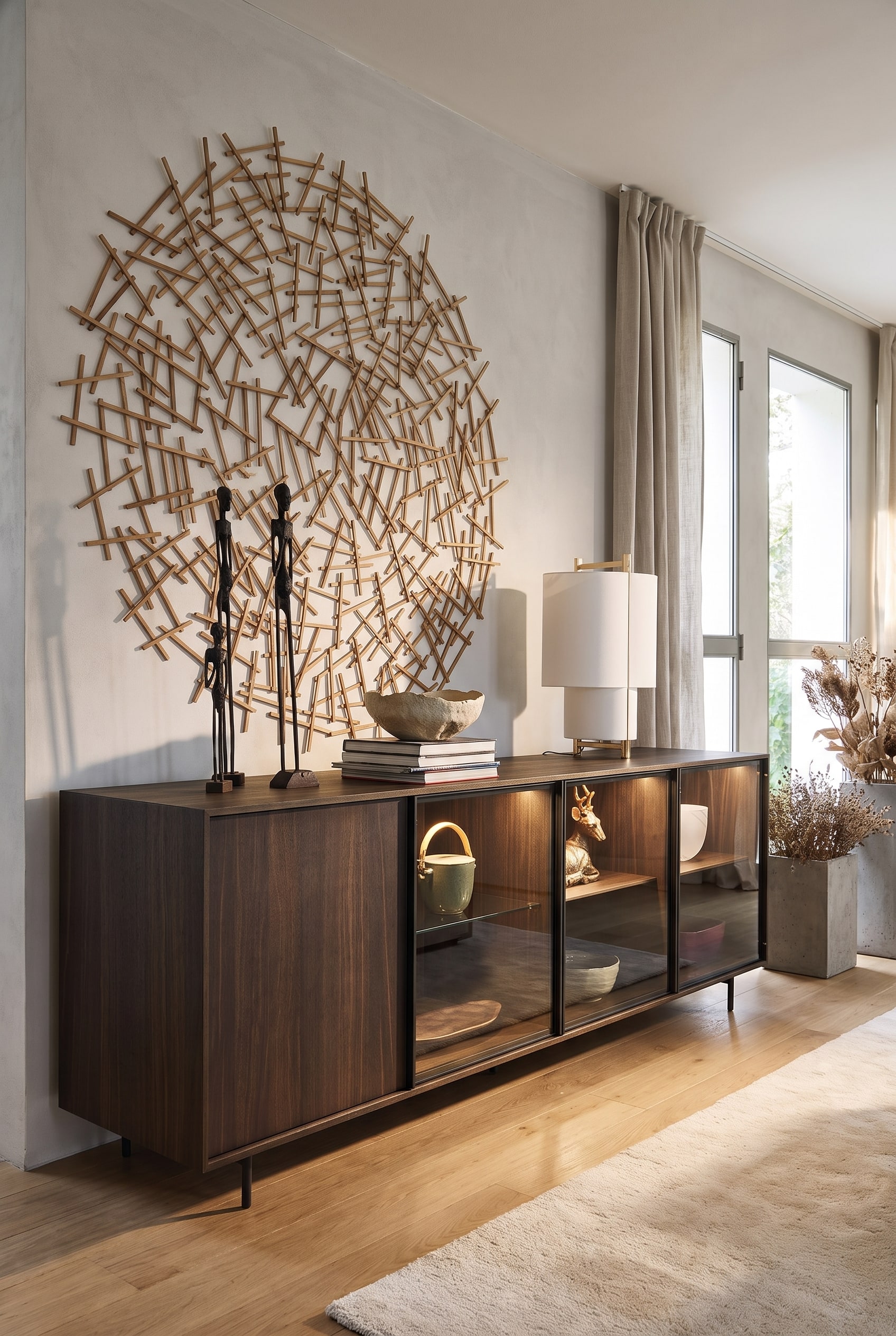 Buffet moderne en verre, sur lequel de grands livres de table basse servent de piédestal pour une sculpture.