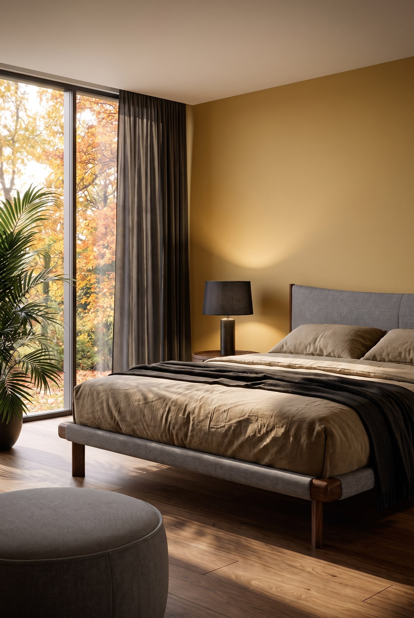 Chambre moderne avec un lit en bois minimaliste et un mur d'accent jaune ocre mat