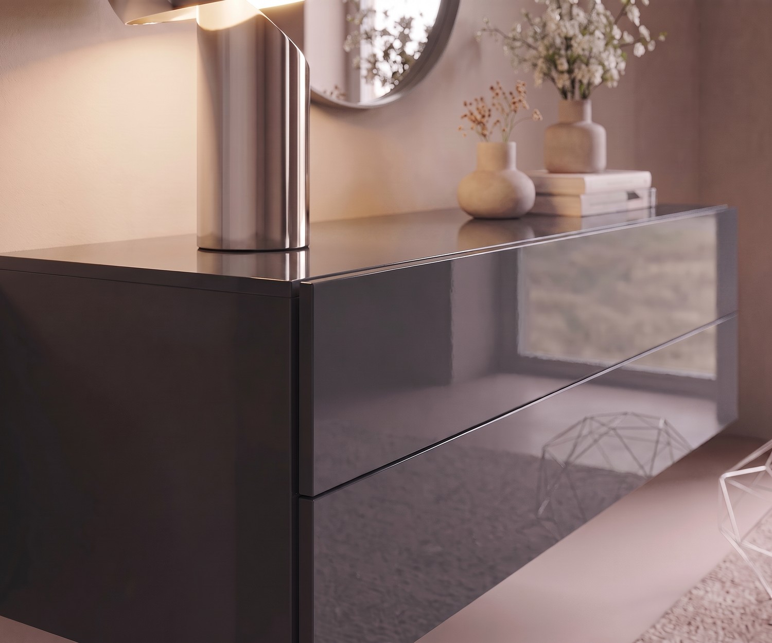 Commode suspendue Easy par Novamobili pour l'entrée, laqué brillant quartz, design italien minimaliste et moderne.