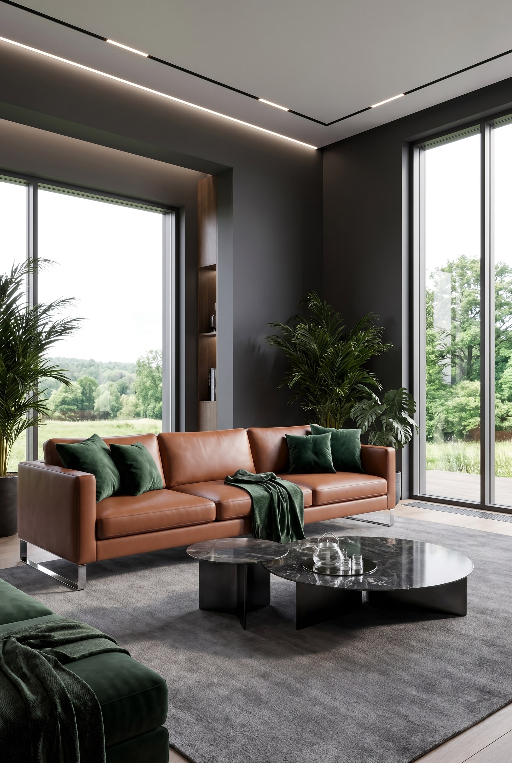 Salon moderne avec fen&ecirc;tres pleine hauteur, un &eacute;l&eacute;gant canap&eacute; en cuir v&eacute;ritable couleur cognac, des murs clairs et une grande plante d'int&eacute;rieur vert fonc&eacute;