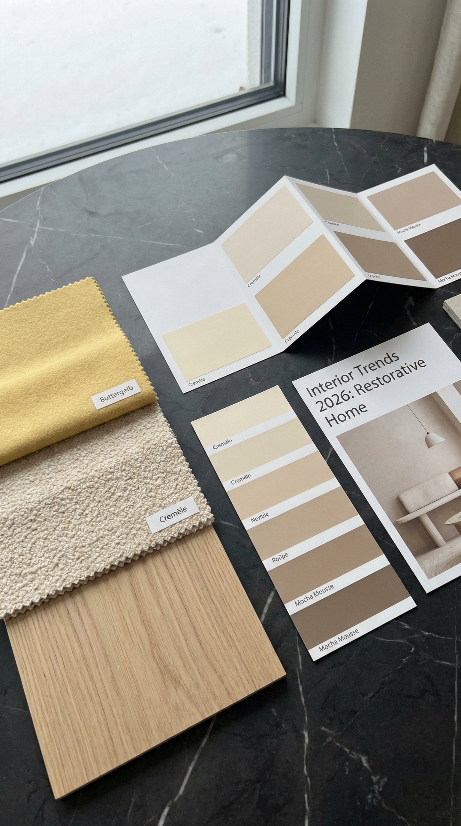 Moodboard met stofstalen in botergeel, bouclé en licht hout Moodboard met stofstalen in botergeel, bouclé en licht hout