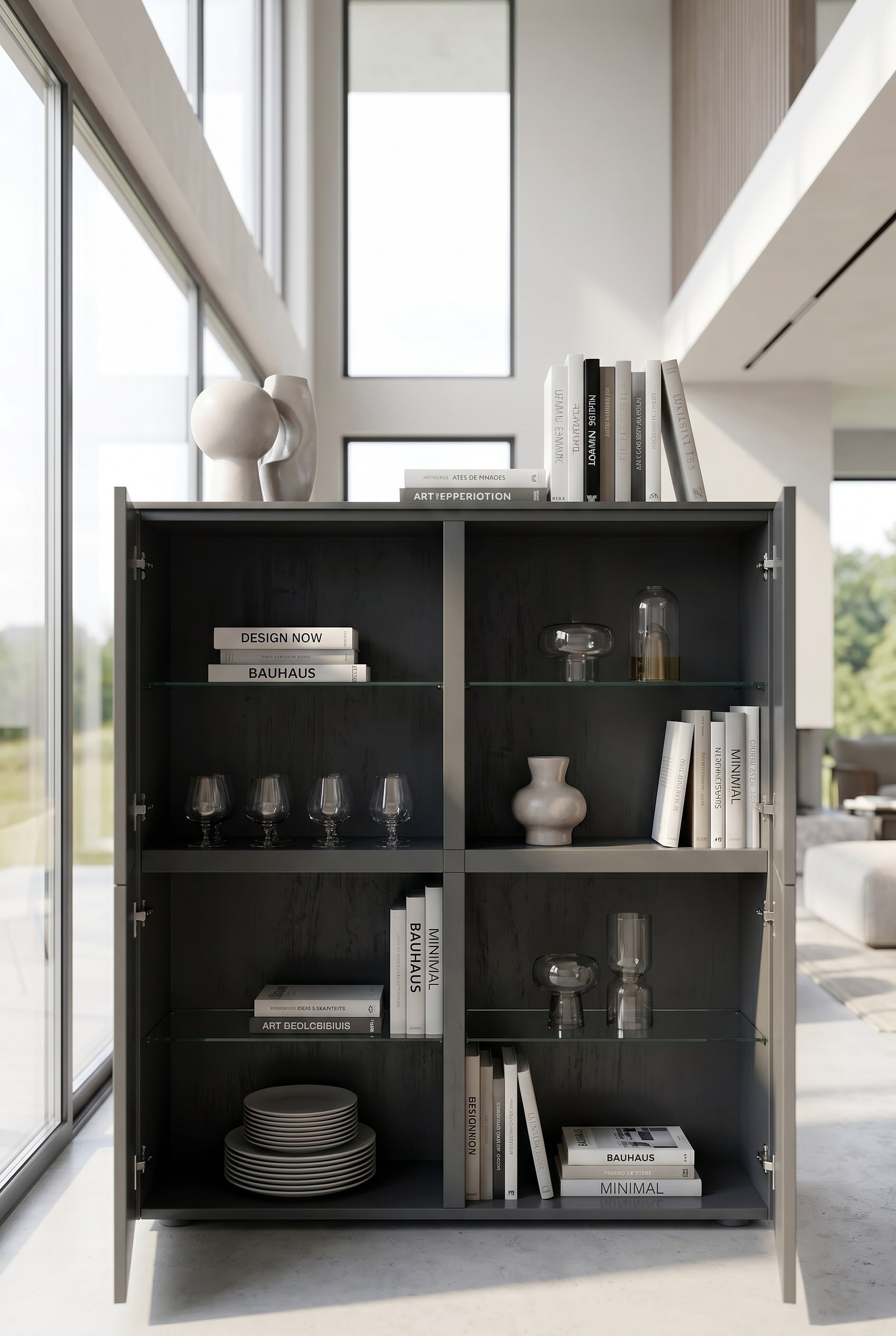 Vue détaillée d'un rangement organisé pour assiettes et verres Vue détaillée d'un rangement organisé pour assiettes et verres