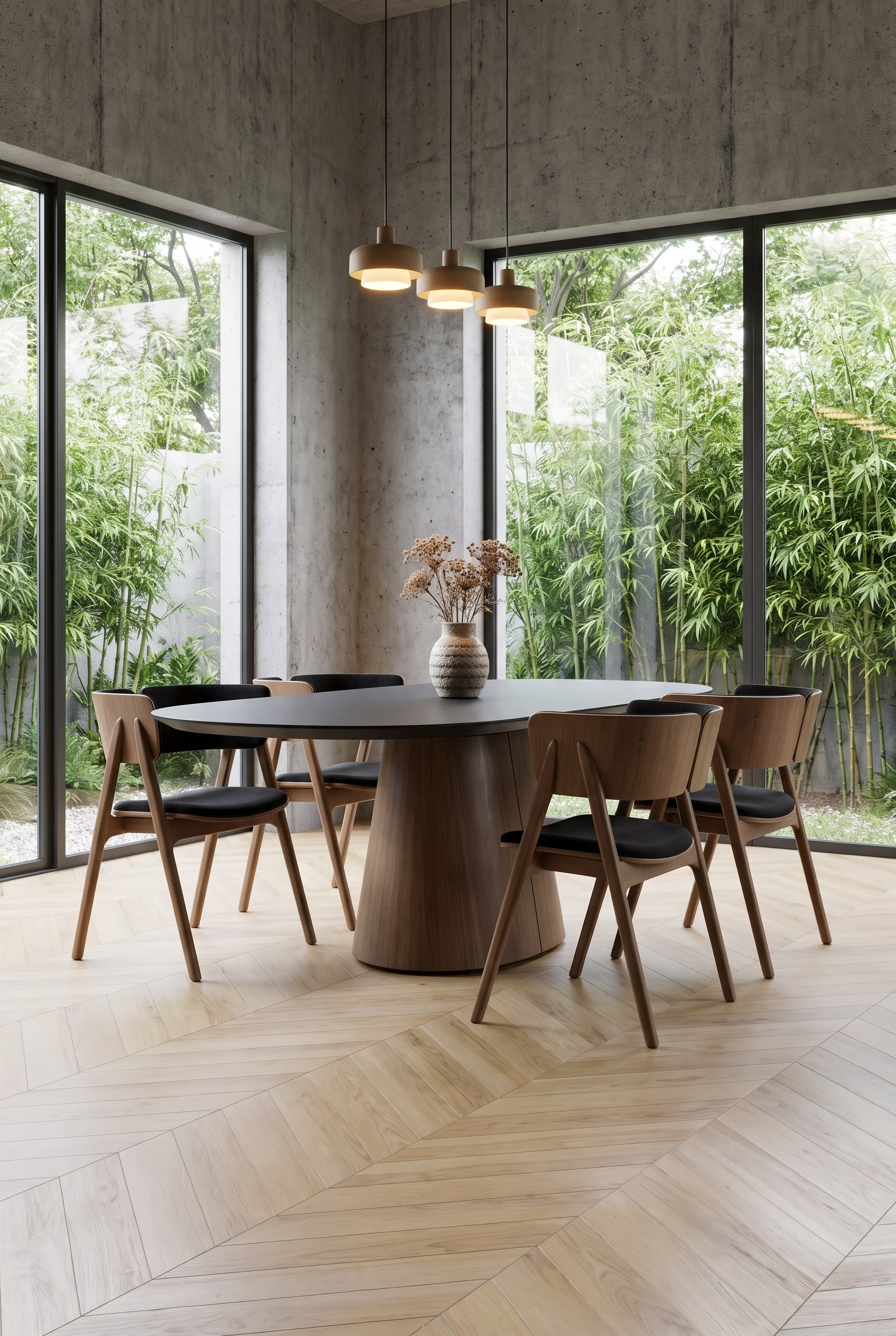 Salle &agrave; manger moderne avec aspect cave en b&eacute;ton, table en bois ovale avec plateau fonc&eacute; et chaises