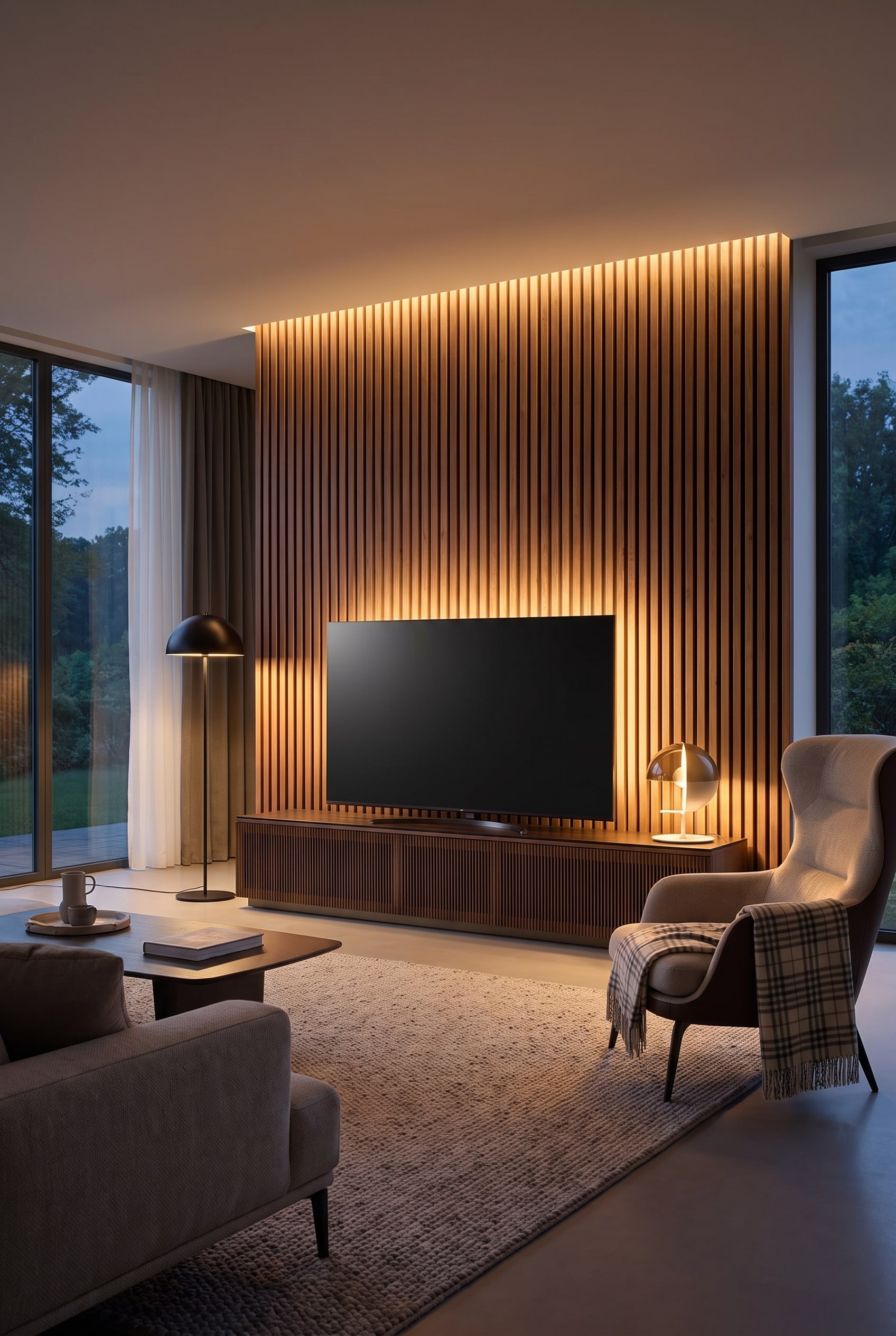 Aménagement harmonieux du salon avec le meuble mural Livitalia C102 et un panneau arrière TV éclairé indirectement, diffusant une douce lumière blanc chaud.