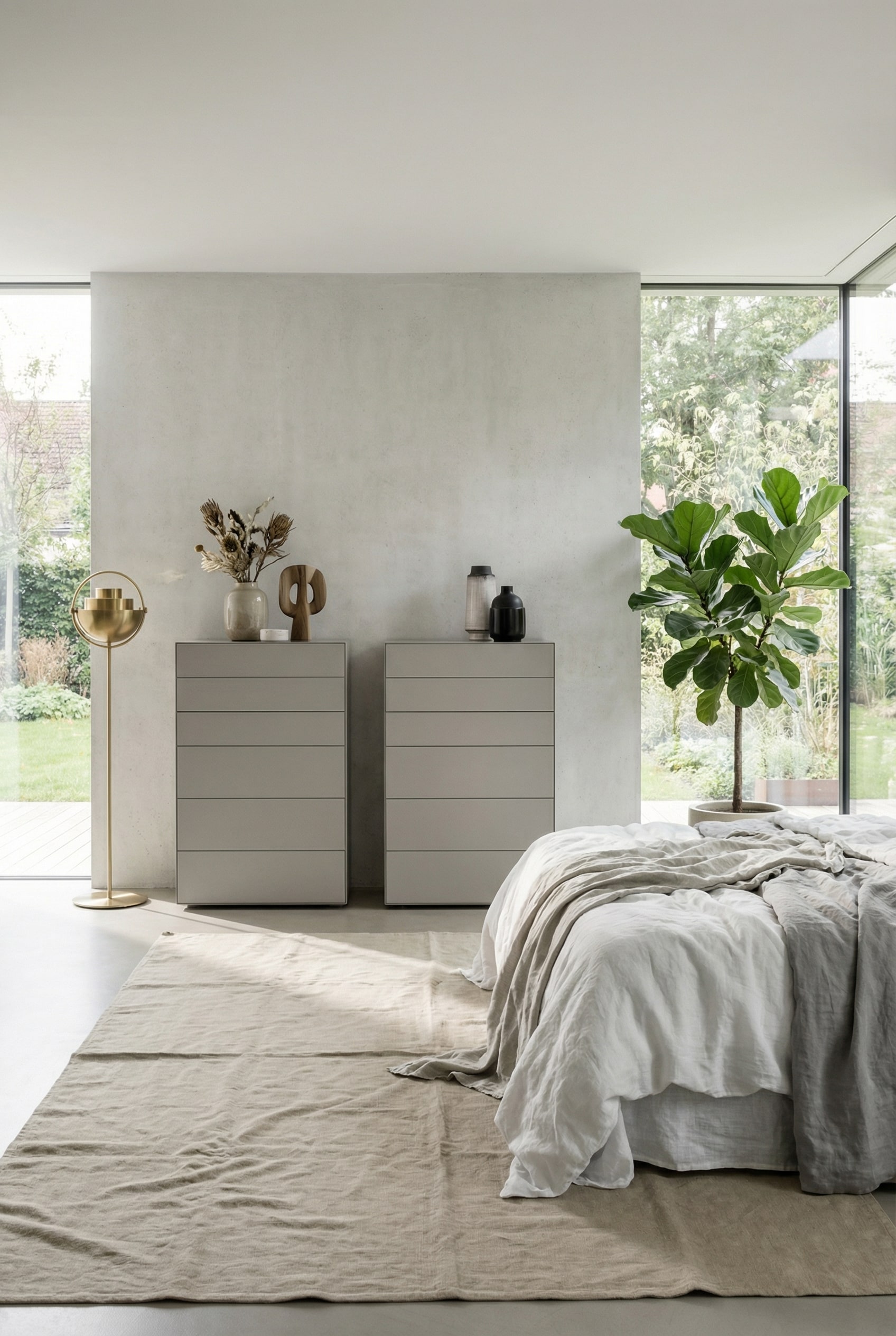 Deux commodes hautes modernes arrang&eacute;es sym&eacute;triquement avec un peu d'espace sur un mur pour a&eacute;rer la pi&egrave;ce