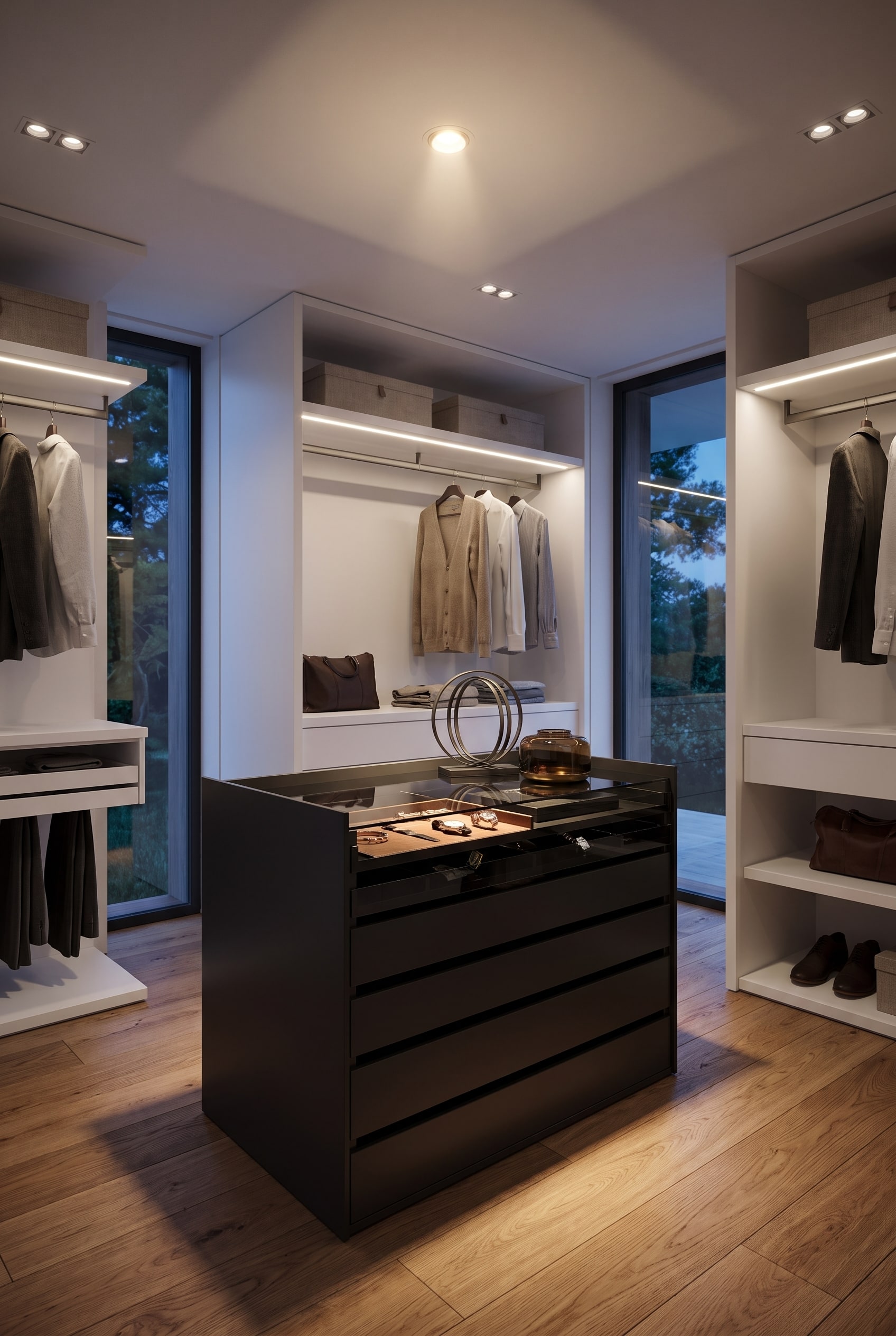 &Icirc;lot de dressing noir mat autoportant dans un dressing lumineux et moderne avec un sol en bois.