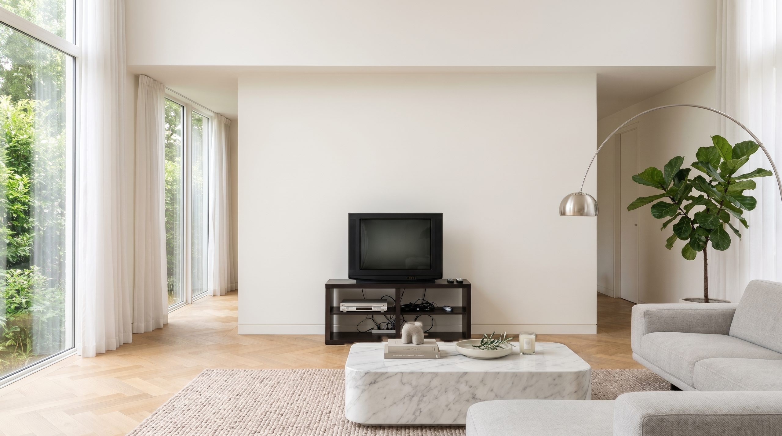 Salon lumineux avec mur blanc vide, ancienne t&eacute;l&eacute;vision sur une petite &eacute;tag&egrave;re et table basse en marbre comme photo de d&eacute;part pour le Planificateur de salon