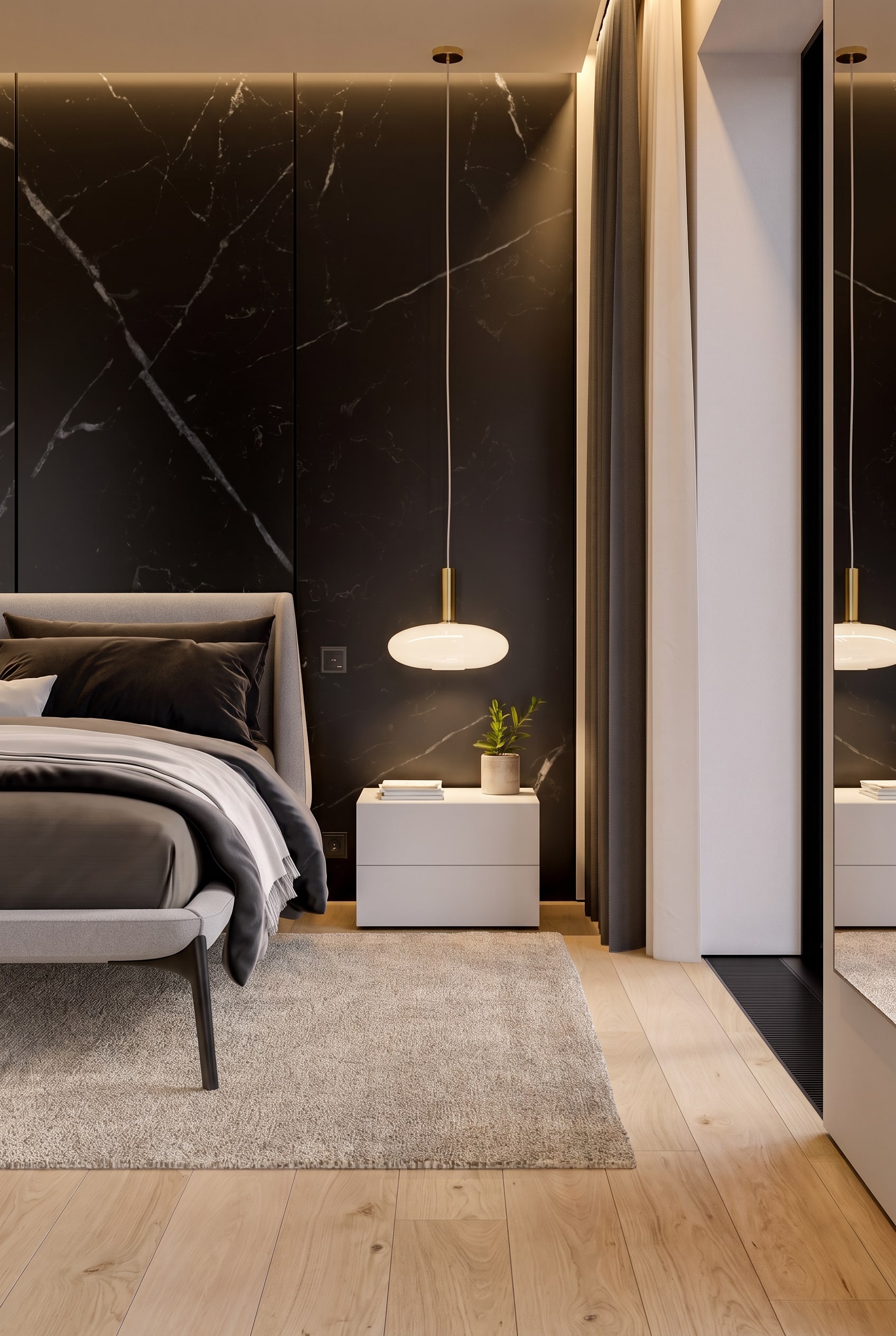 Détail de chambre avec table de chevet blanche moderne à côté du cadre de lit et un tapis de lit moelleux sur le sol