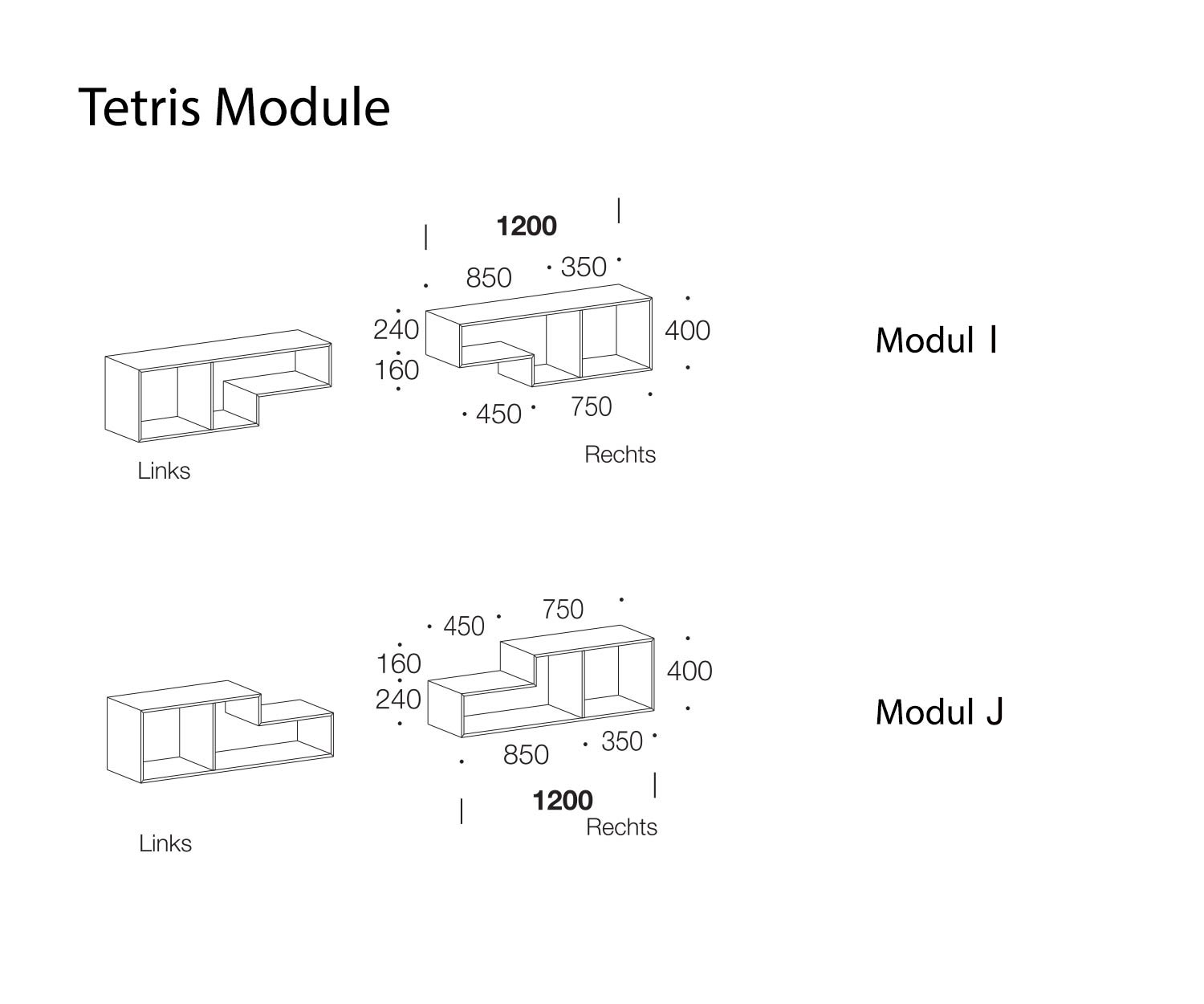 Tetris Designer Plank Modules I en J Schets Afmetingen