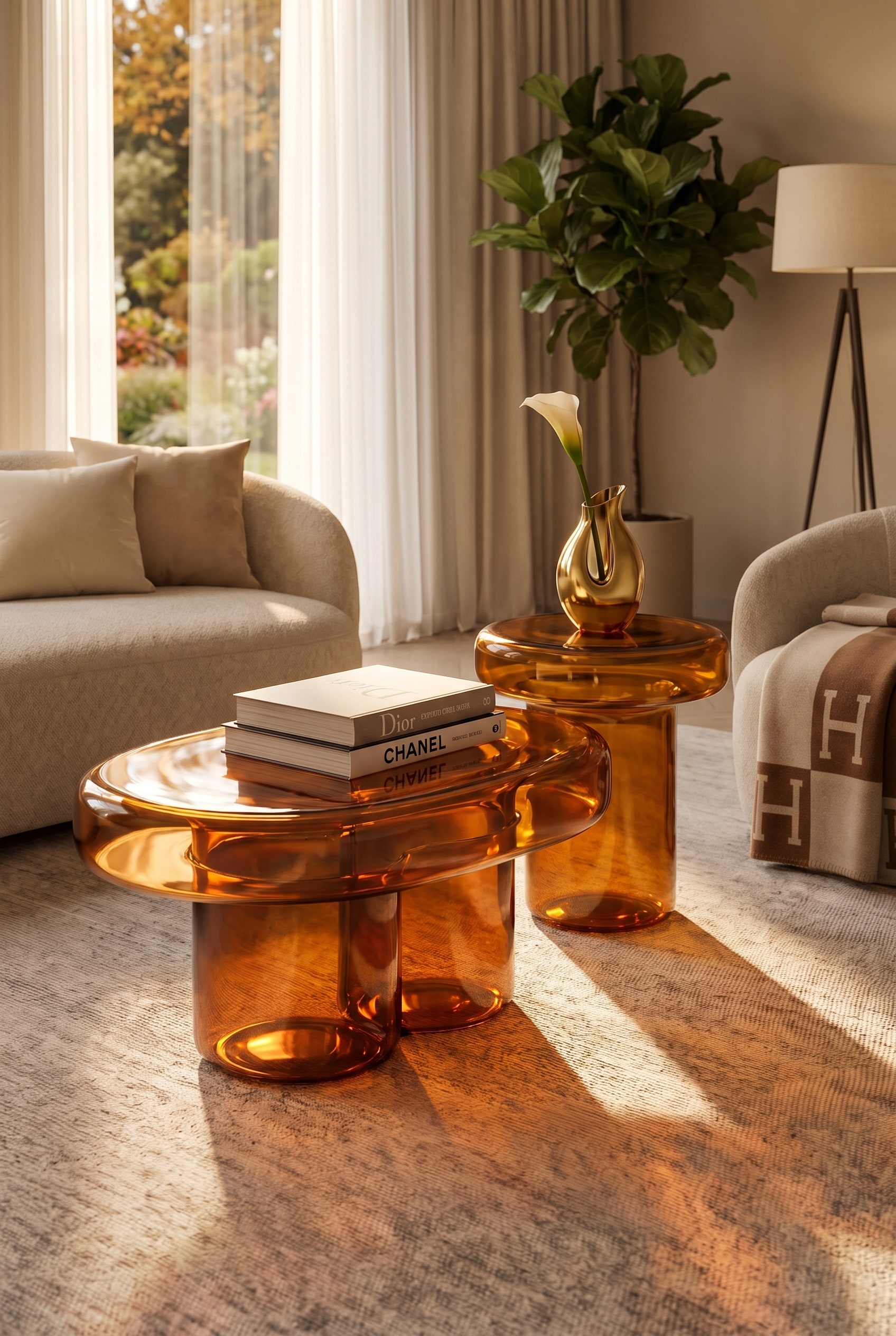 Table basse ovale en verre ambr&eacute; refl&eacute;tant la douce lumi&egrave;re du contre-jour dans le salon d'automne